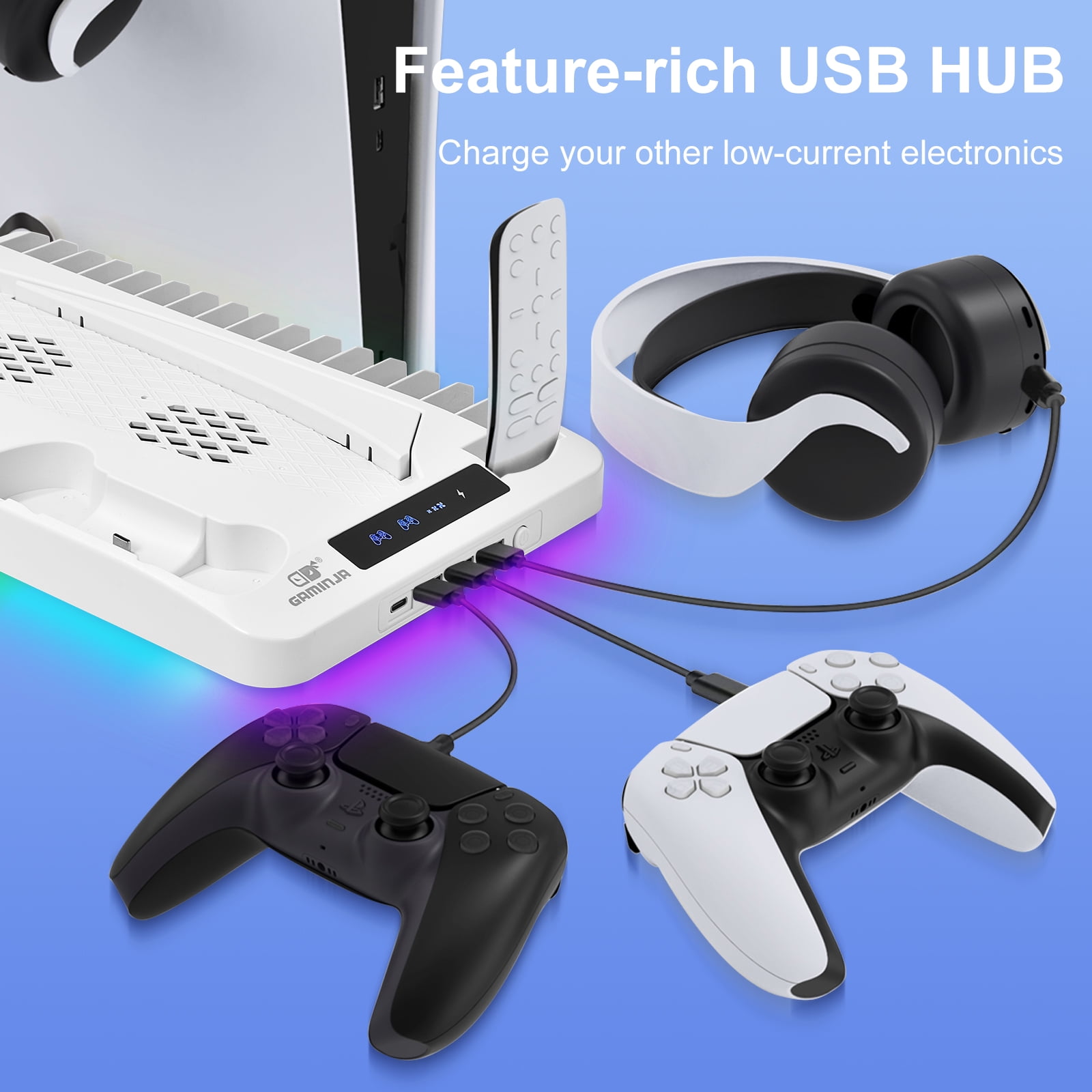 Pecham Vertical Cooling Stand for PS5 and PS5 Slim with Dual Controller Charger and RGB Lighting (White, 12.99 in x 8.11 in x 1.46 in) dh84o