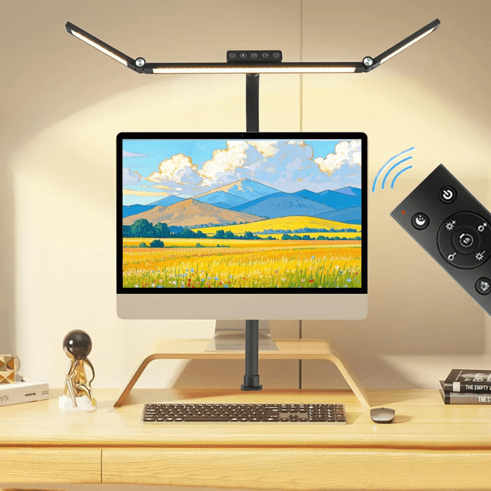 Lanthour LED Desk Lamp with Clamp, 24W Double Head Swing Arm Office Light, Stepless Dimmable with Remote (Black, 27.1 in) jcljk