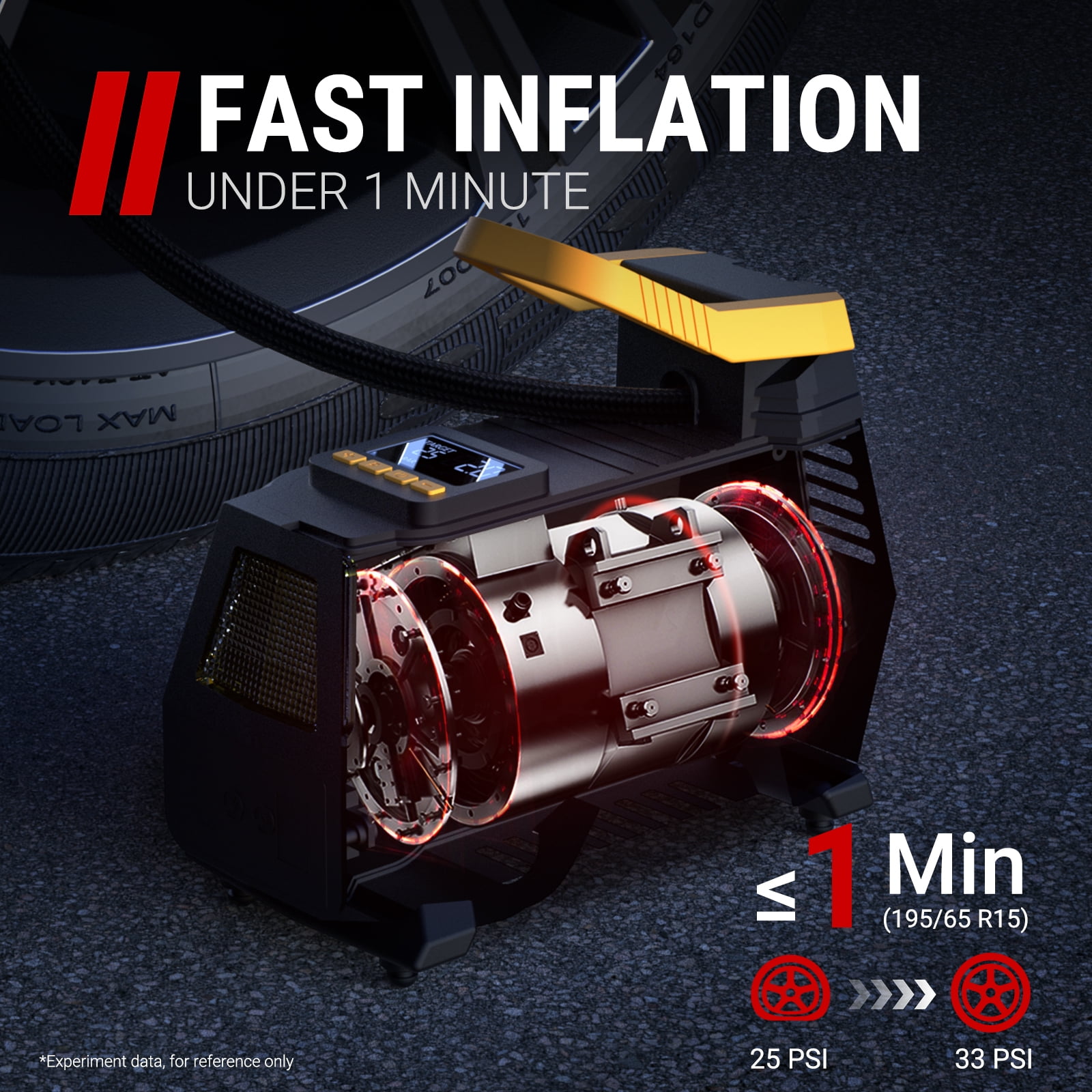 VacLife Portable Tire Inflator Air Compressor (Dual Power 12V DC/110V AC, Digital Display, LED Light, Auto Shut-Off) vpcbm
