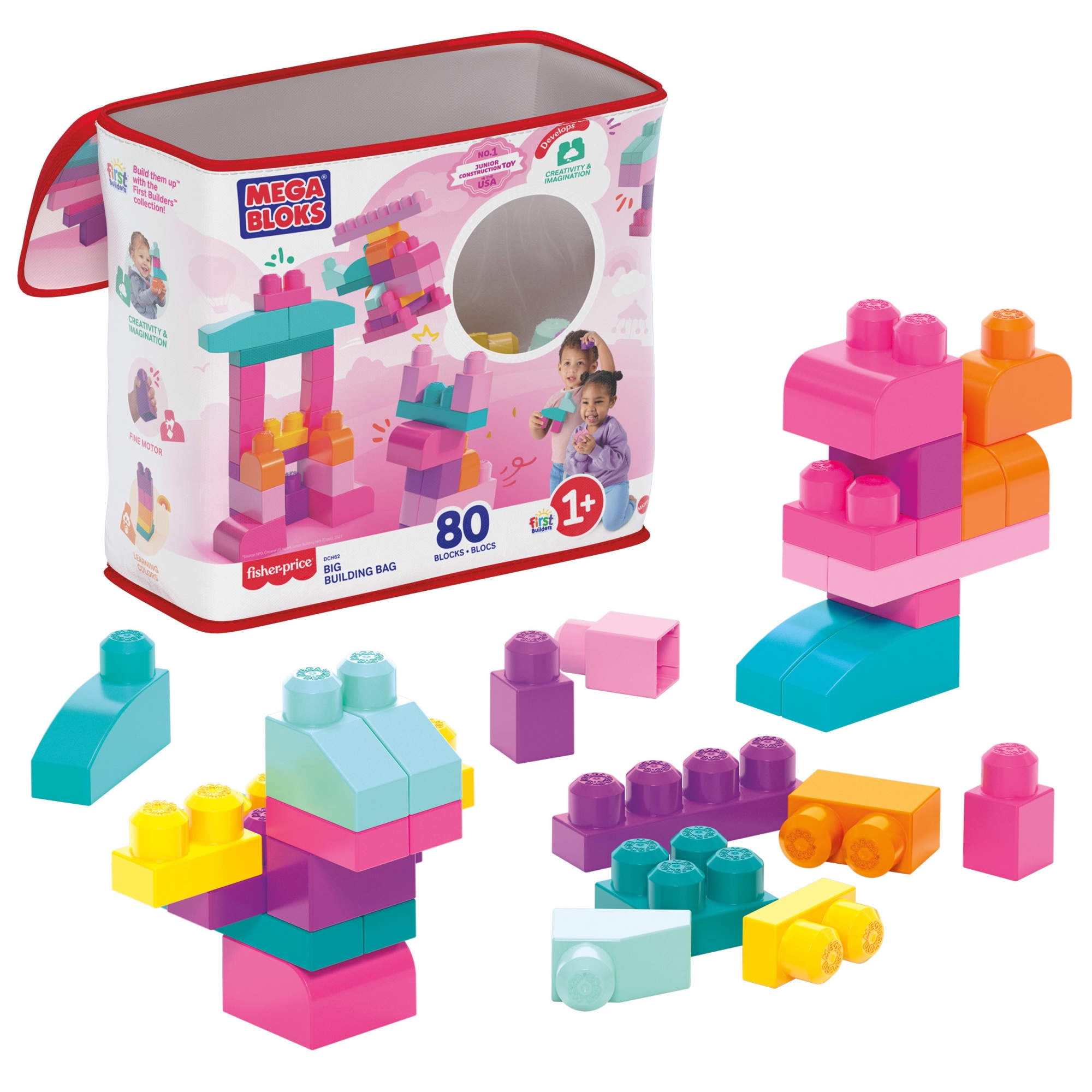 Mega Bloks Fisher-Price Big Building Bag Educational Construction Set (Pink, 80 Pieces) kk0i9