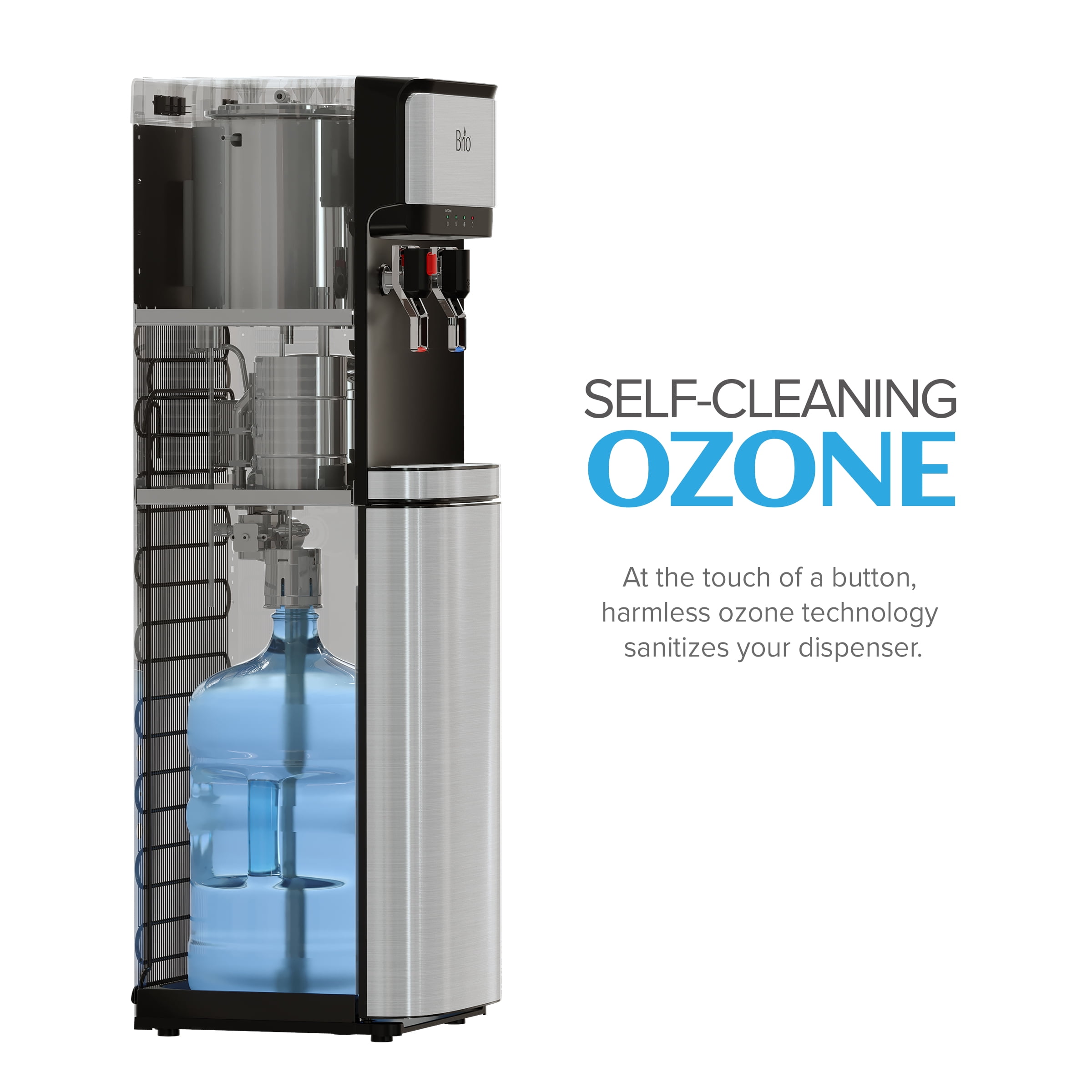 Brio Bottom Load Water Cooler Dispenser with Self-Cleaning Ozone and Paddle Dispensing (Silver, 41.1 in H x 12.1 in W x 15.6 in D) e5q1g
