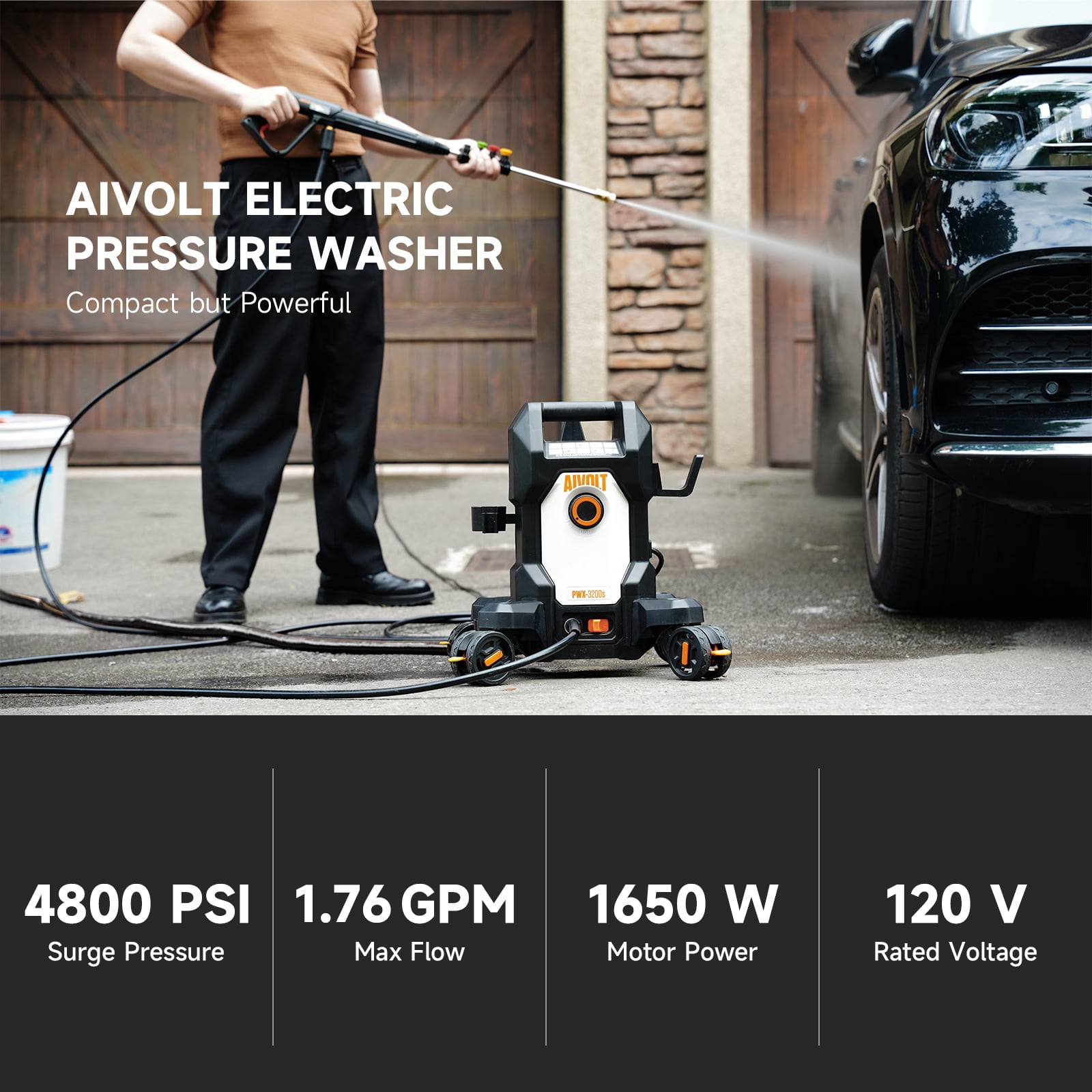 AIVOLT Electric Pressure Washer, High-Pressure Power Washer for Driveways and Patios (4800 PSI, 1.76 GPM, 18.7 lb) 2ob4s
