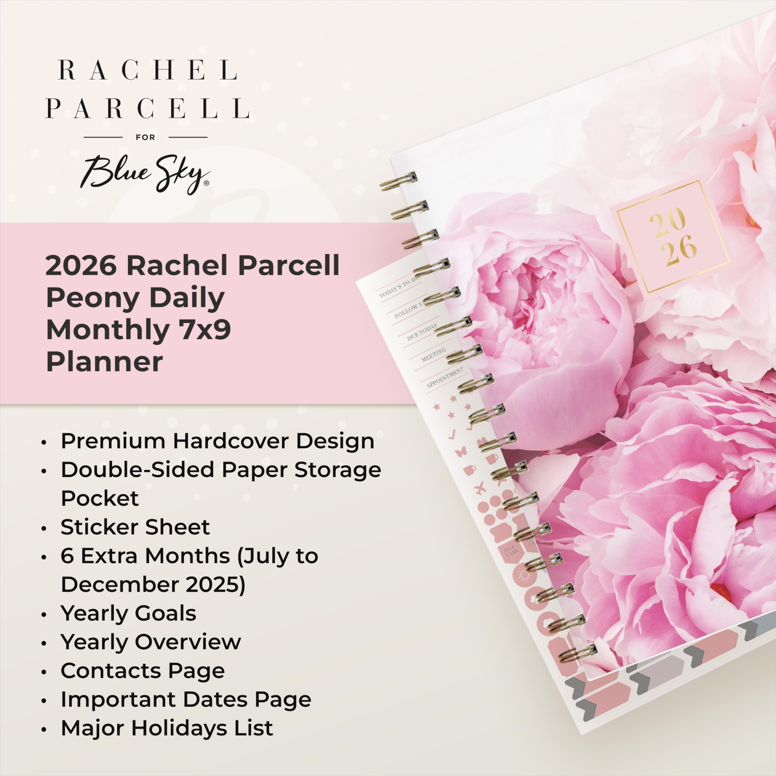 Blue Sky Rachel Parcell 2026 Daily and Monthly Planner, Hard Cover Organizer with Laminated Tabs and Stickers (Peony, 5 in x 8 in) jcfkd
