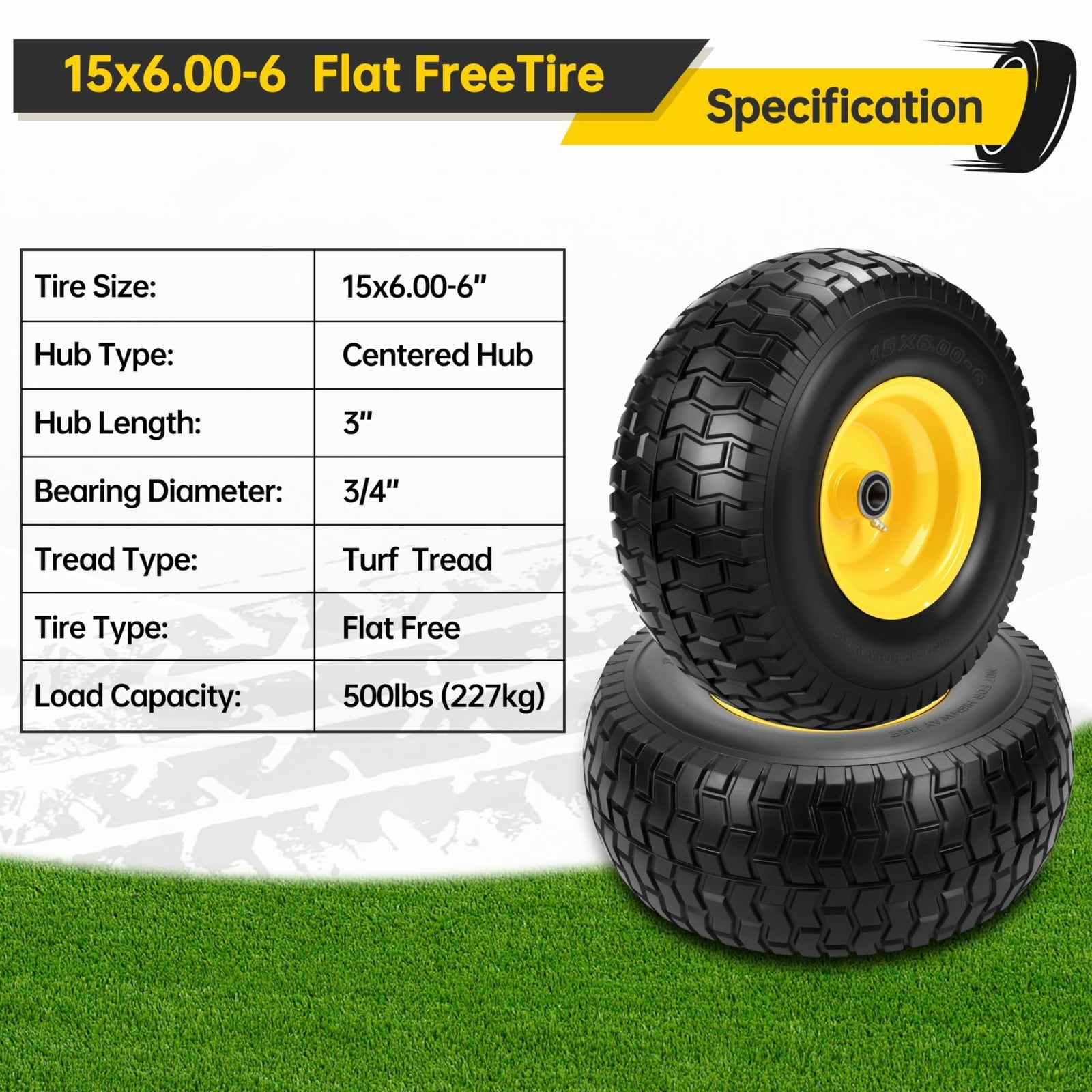 LOTMOVE 15x6.00-6 Flat-Free Lawn Mower Tire and Wheel Assembly (2 Pack, 500 lb Capacity, 3/4 in Bearing) 3uoew