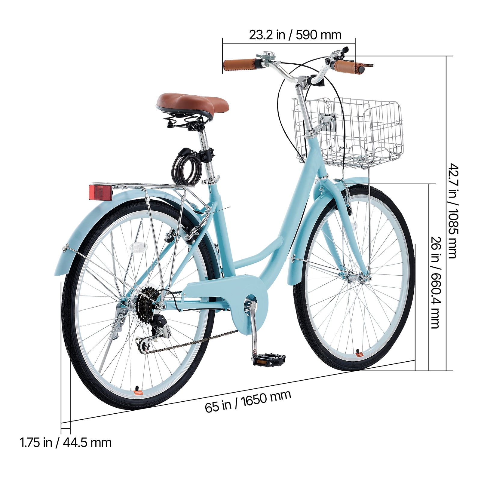 KFFKFF 26 in Cruiser Bike, 7-Speed Coastal Bicycle with Basket and Rear Rack (Pale Blue, 26 in) pbm3a
