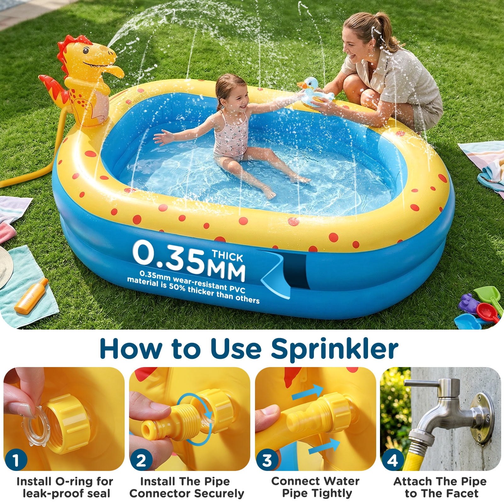 Livhil Dinosaur Inflatable Kiddie Pool with Sprinkler for Outdoor Summer Water Play (Green, 67 in x 41 in x 32 in) d79h6