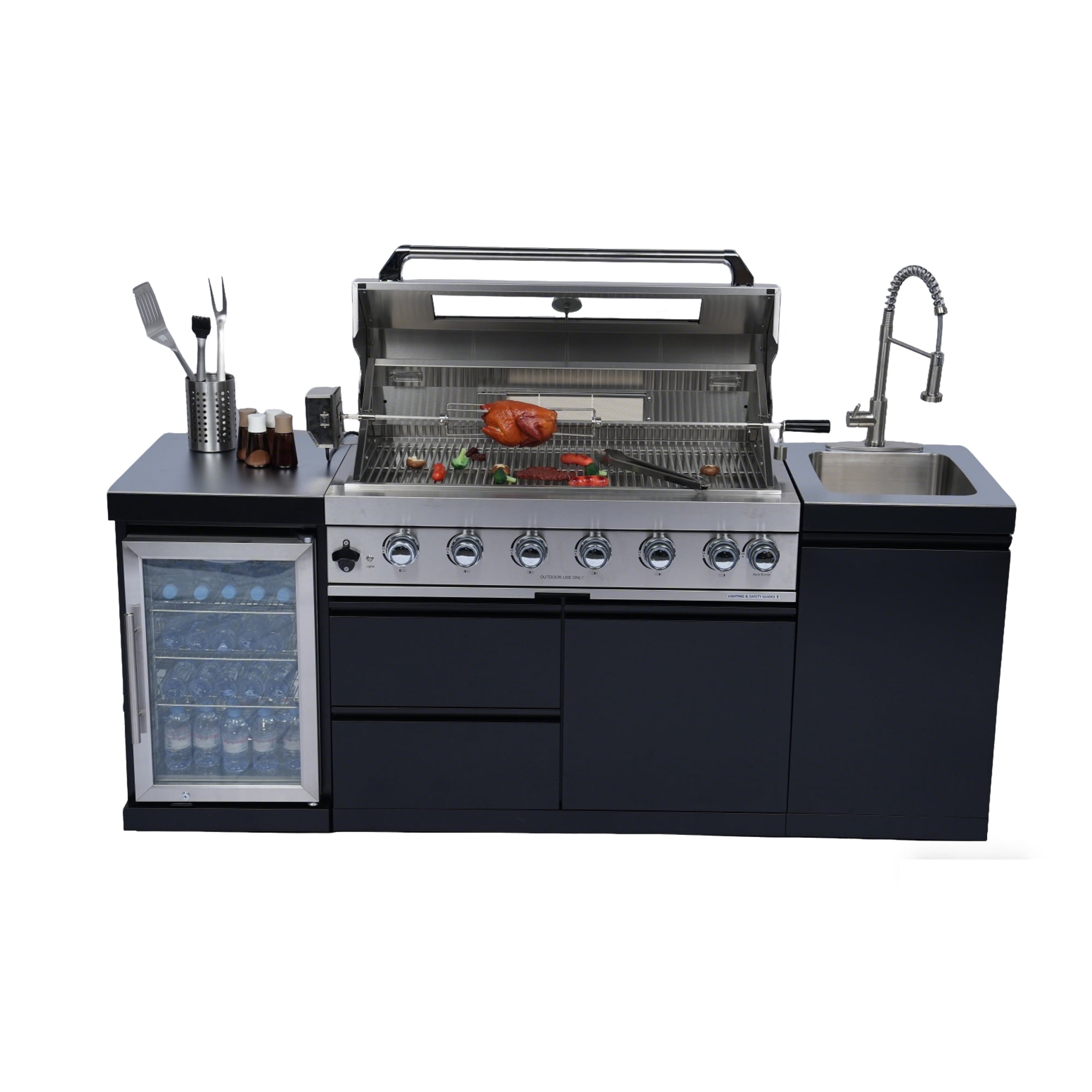 Navratil 82-Inch 6-Burner Gas Outdoor Kitchen Island Grill with Wine Cooler, Rotisserie, and Storage (Black, 82 in) 3u91l