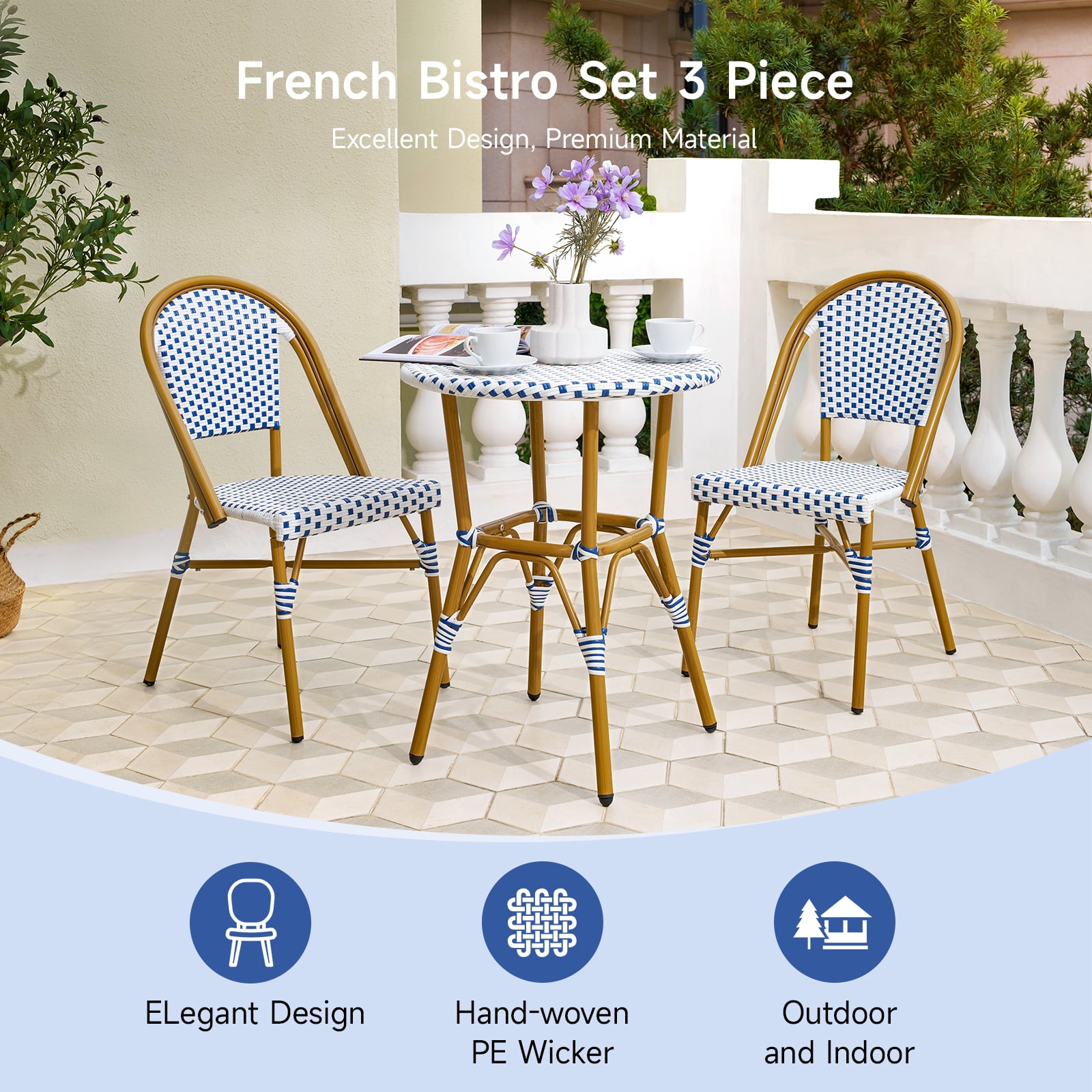 Dovov 3-Piece French Bistro Set, Outdoor Wicker Patio Table and 2 Chairs, Weather-Resistant Aluminum Frame (White, 3-Piece Set) 17ic1