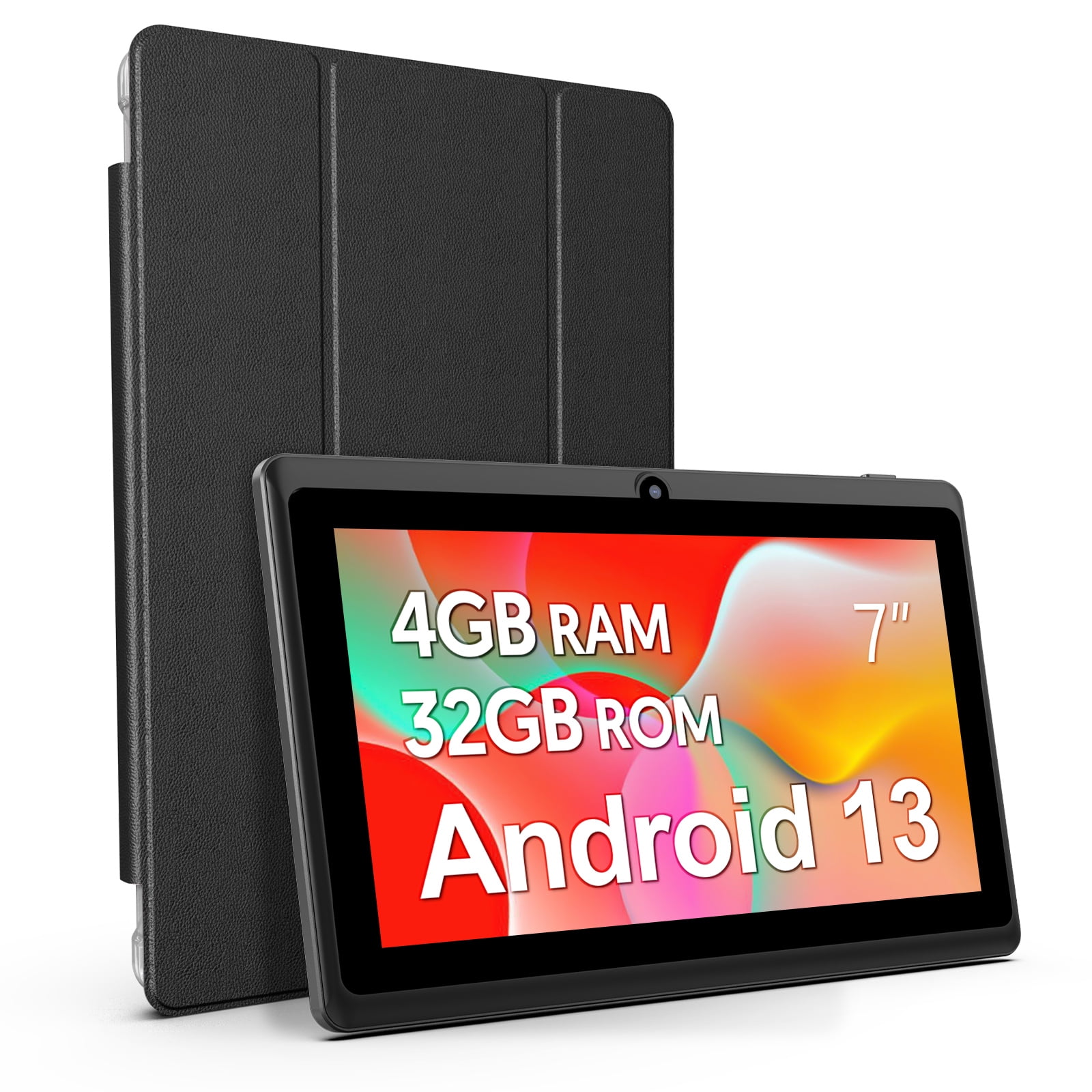 Tedupee 7 in Android 13 Tablet Quad Core 4GB RAM 32GB ROM IPS Touch Screen with Protective Case (Black, 7 in) lnpt7