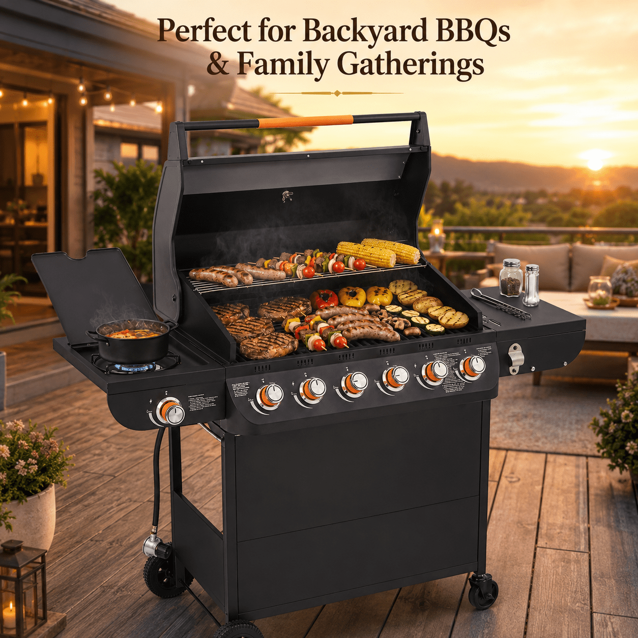 Seizeen 4 Burner Propane Gas Grill with Side Burner, Outdoor Stainless Steel BBQ Grill (Black, 46790 BTU) eavsv