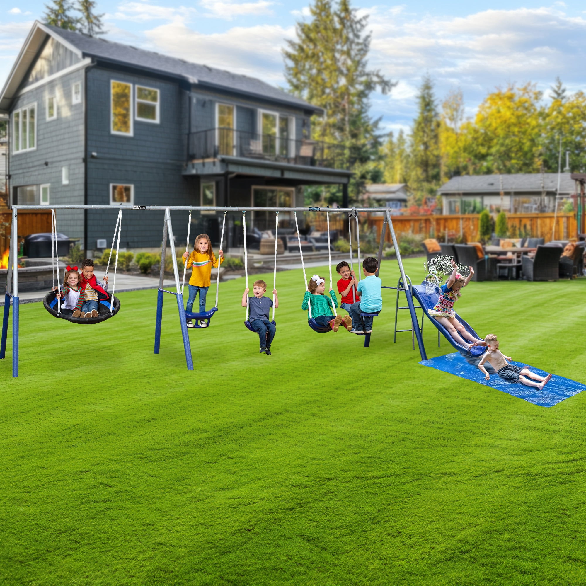 XDP Recreation Outdoor Playground Set with Water Slide and Super Disc Swing (Blue, 196 in x 102 in x 74 in) f0t2w