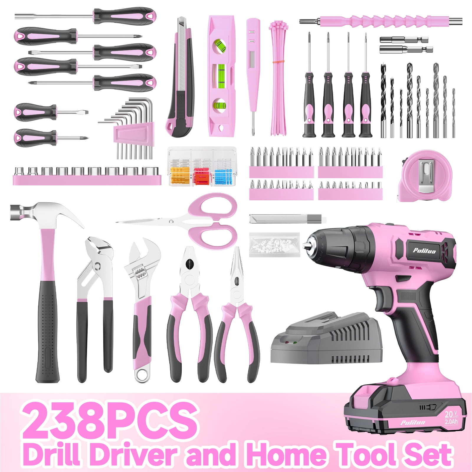 Pulituo 20V Cordless Drill Driver Kit, 238-Piece Home Repair Tool Set with Battery and Storage Case (Pink, 238-Piece) dxrfn