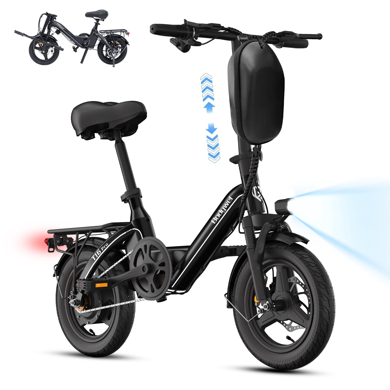 Bodywel Folding Electric Bicycle for Adults and Teens, 14 in Compact E-Bike with 500W Motor and 360Wh Battery (Black) ve9uh