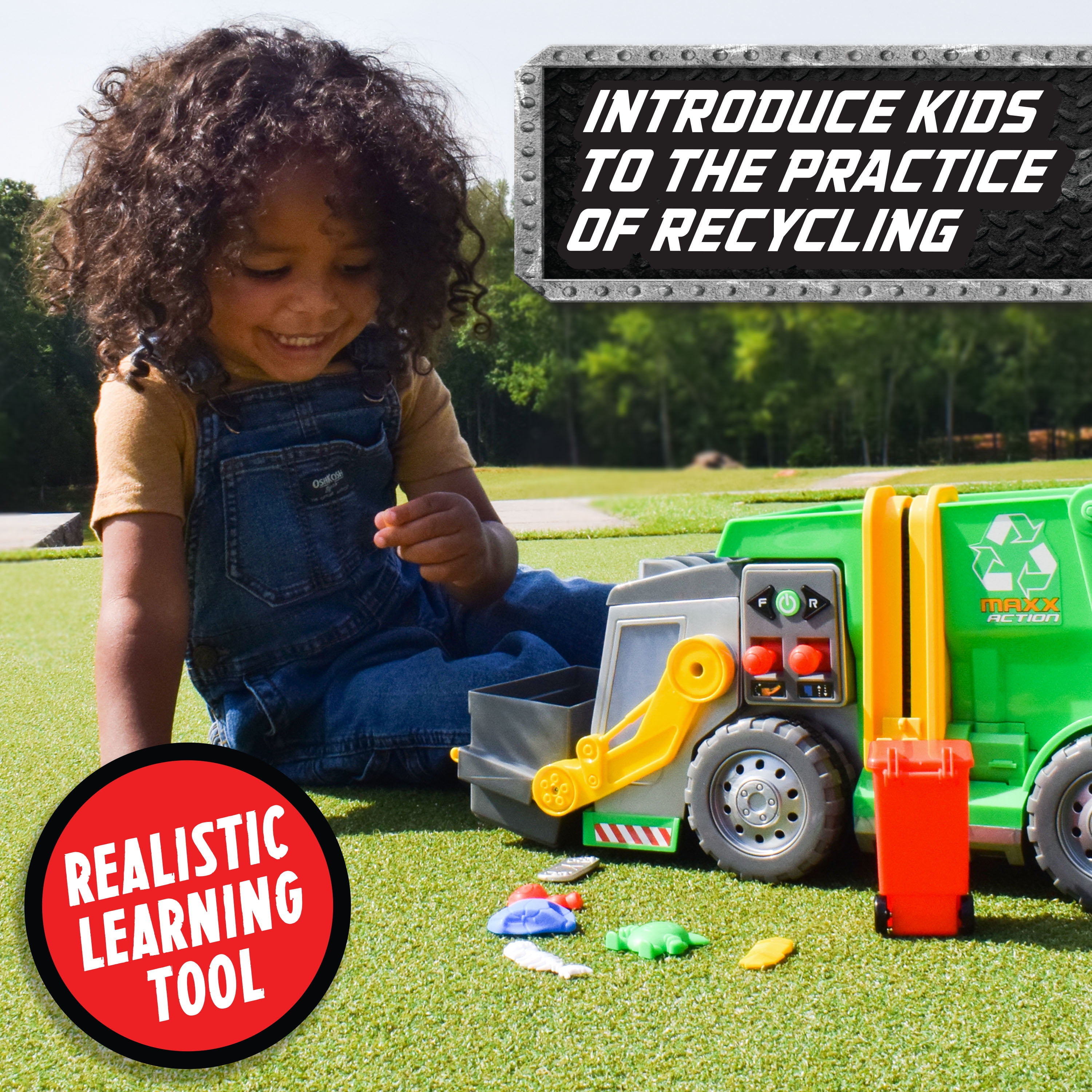 Maxx Action 3-N-1 Recycler Garbage Truck Toy with Motorized Drive, Lights, and Sounds (19 in x 9 in) s1h6f