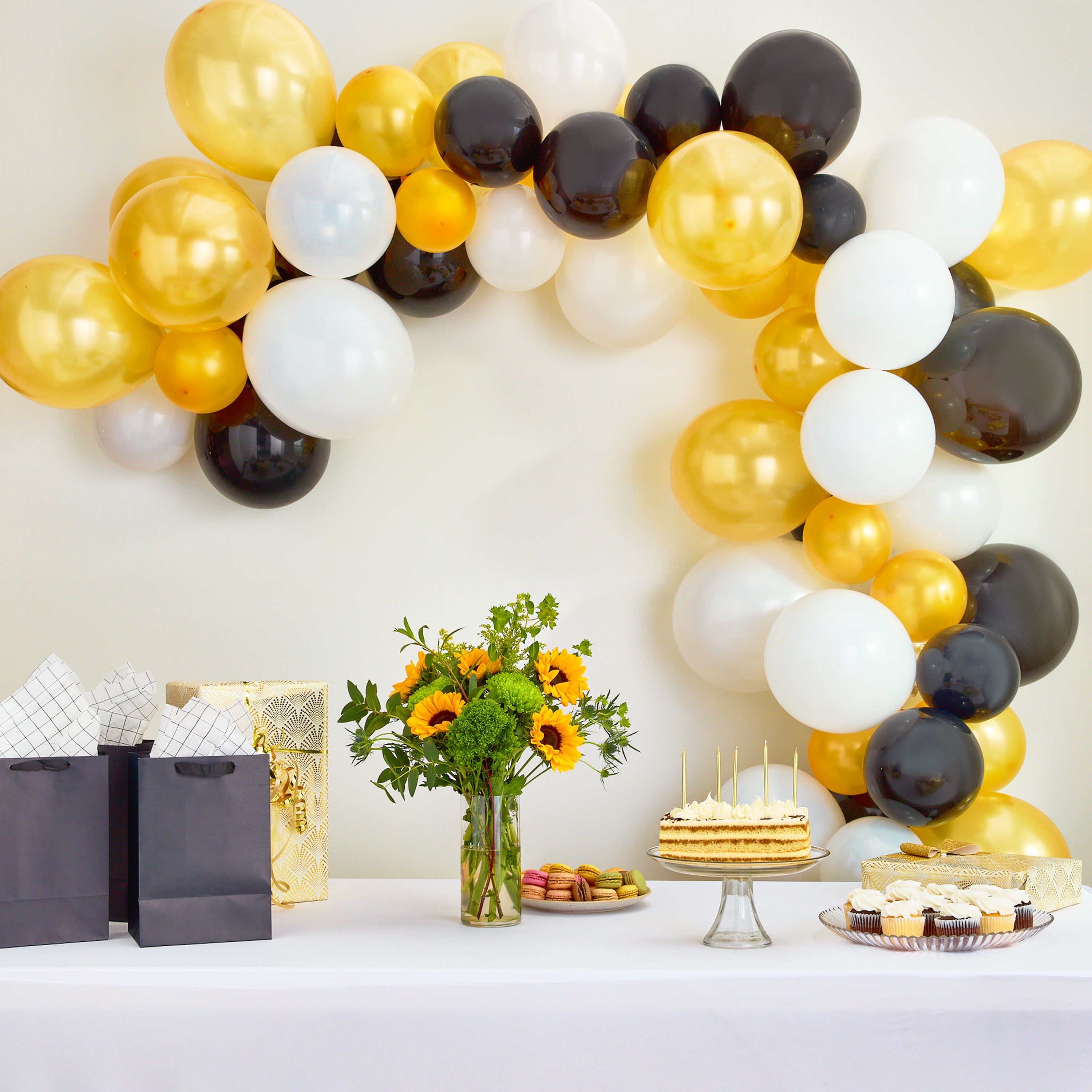 Way To Celebrate Balloon Garland Kit, Decorative Party Arch (Black/White/Gold, 76 Pieces) j6peg