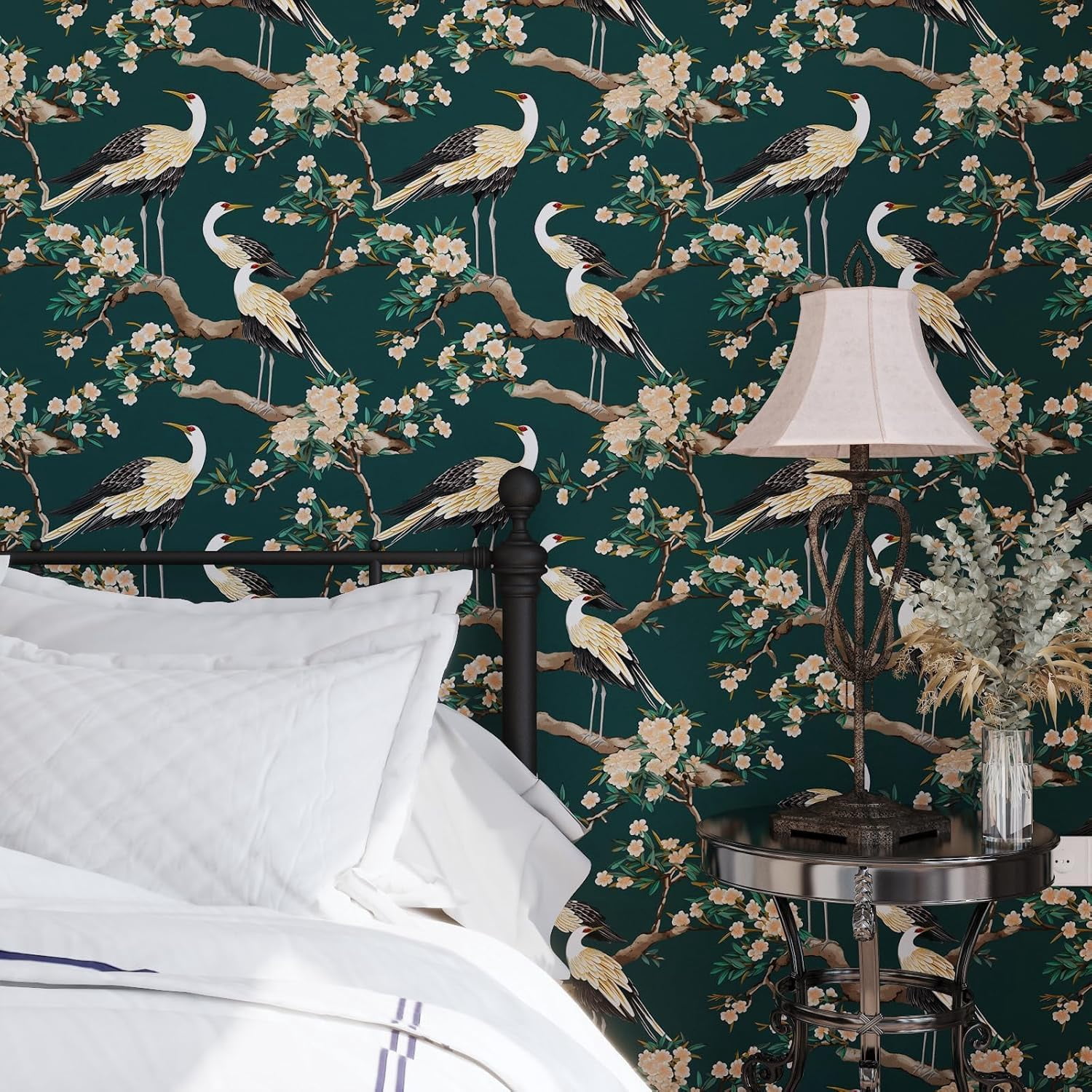 Usachibb Peel and Stick Wallpaper, Crane Bird Floral Contact Paper (Dark Green, 17.5 in x 118 in) 8ncdf