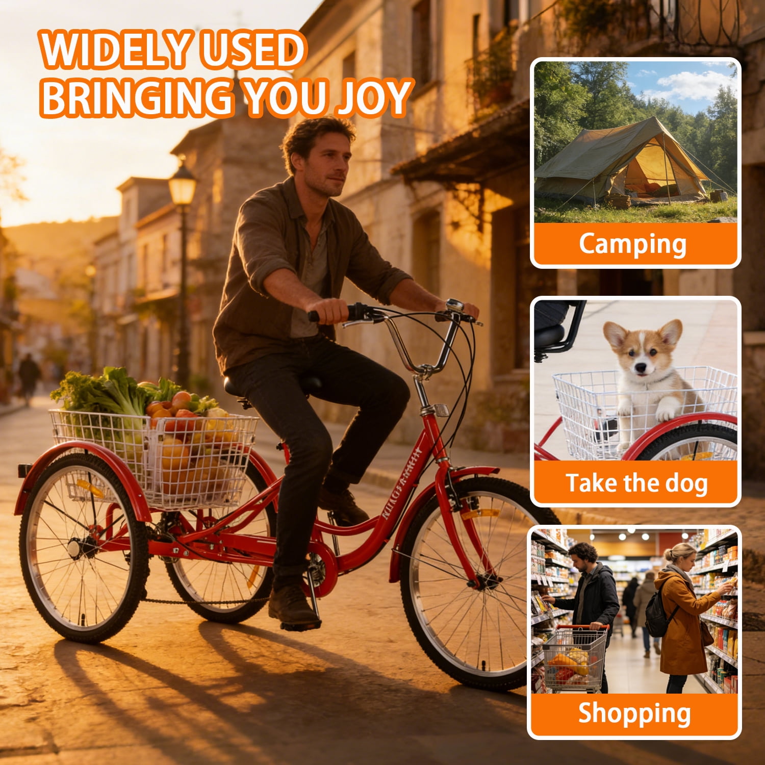 MENGFANMIN 7-Speed Adult Tricycle, 24-inch 3-Wheel Bike with Rear Basket (Red, 550 lb Capacity) q84ci
