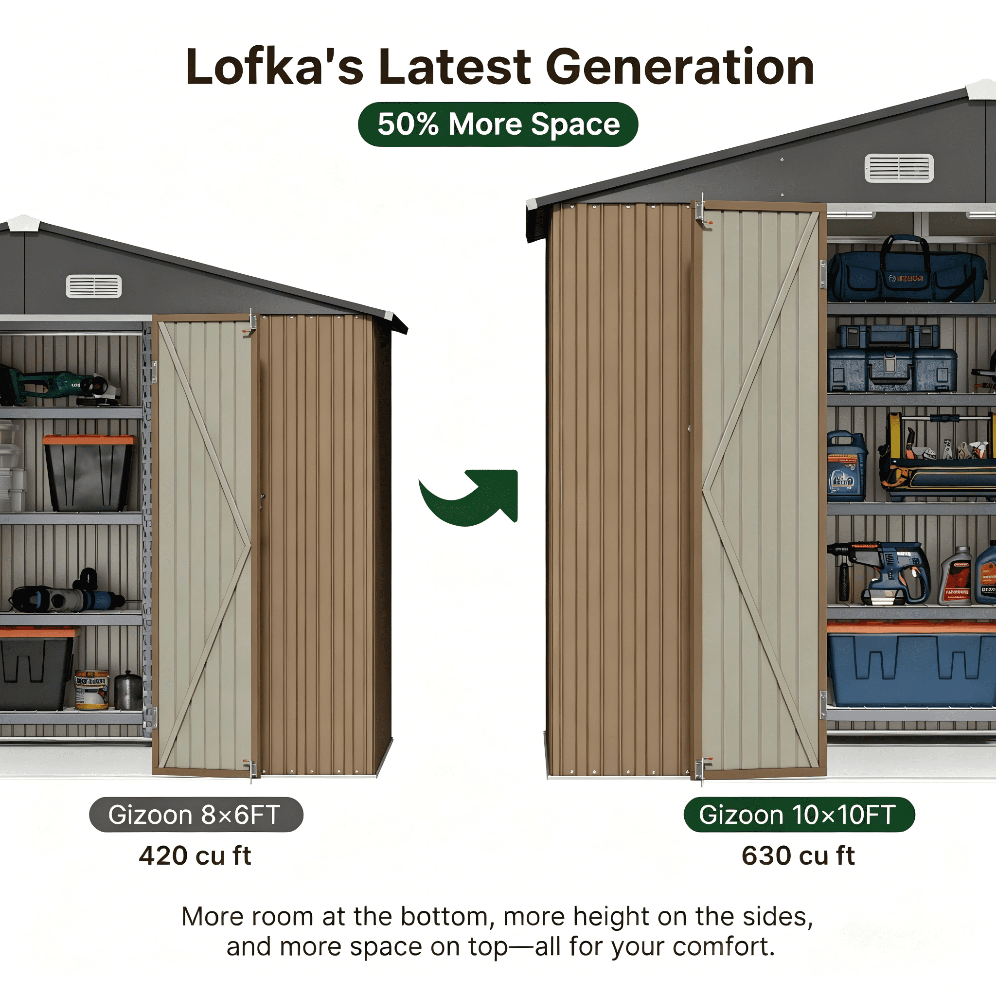 Lofka Outdoor Storage Shed, Galvanized Steel Garden Shed with Lockable Doors (Light Brown, 10 ft x 10 ft) 7du7e