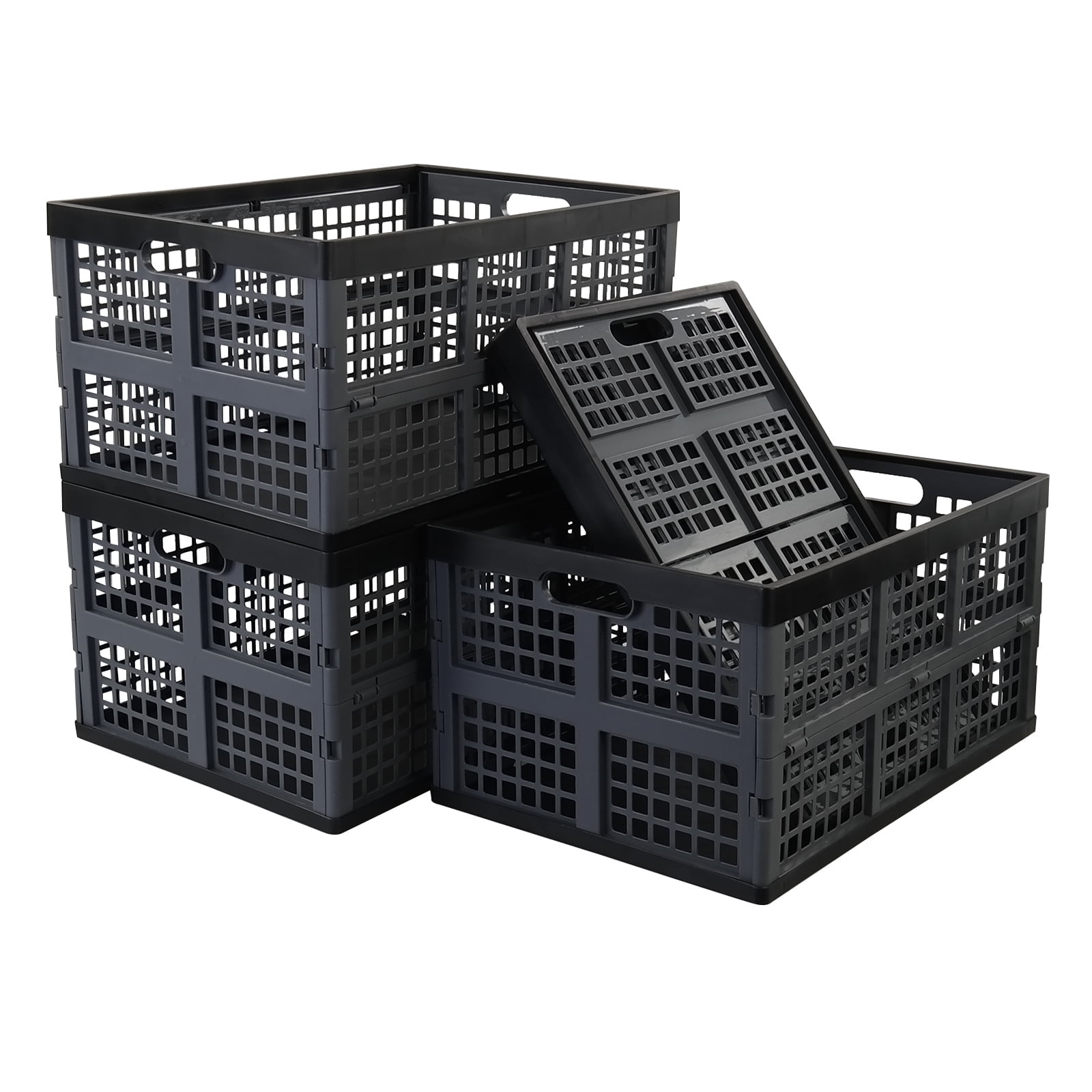 Rinboat Collapsible Plastic Storage Crates, Stackable Organizing Bins for Home and Office (Black, 4 Pack) ni0t5