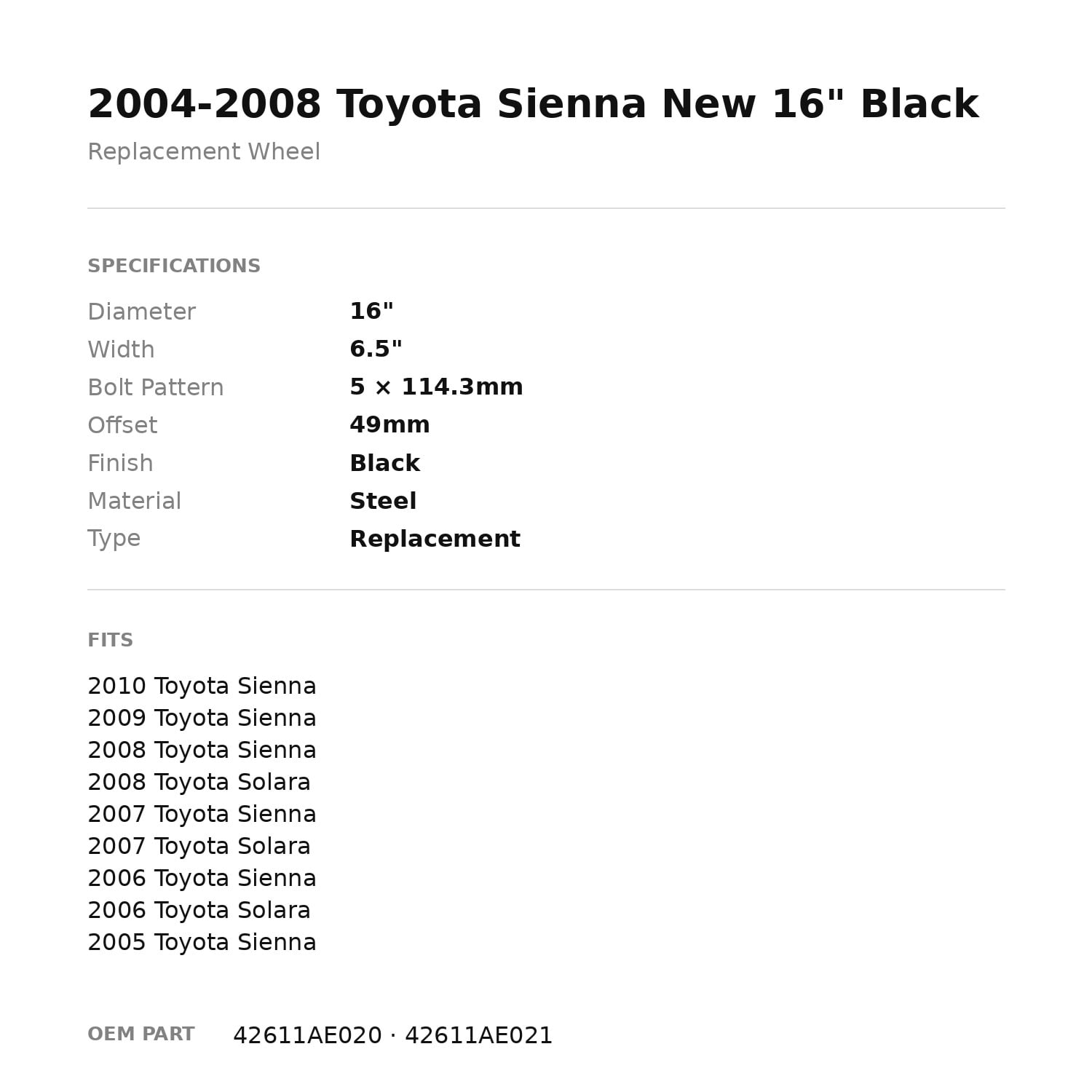 Factory Wheel Warehouse Toyota Sienna OEM Factory Wheel Rim (Black, 16 in) axo58