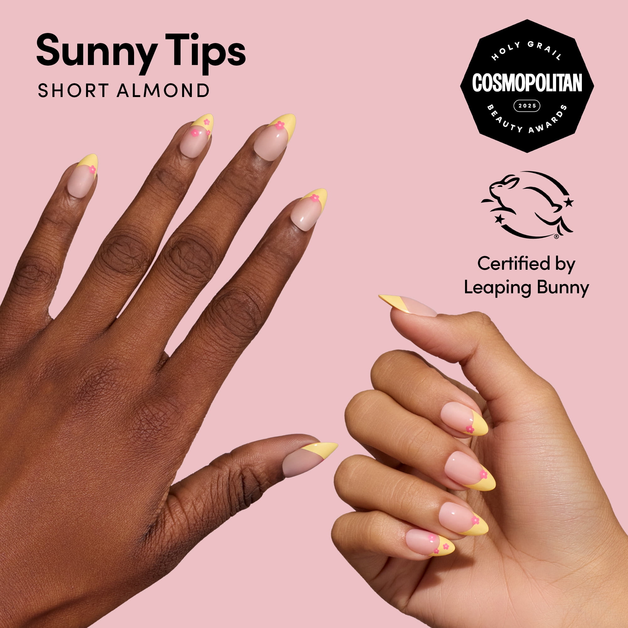 DIGI by Glamnetic Short Almond Press-on Nails, Sunny Tips Yellow French Floral (24 Pieces) nrisp