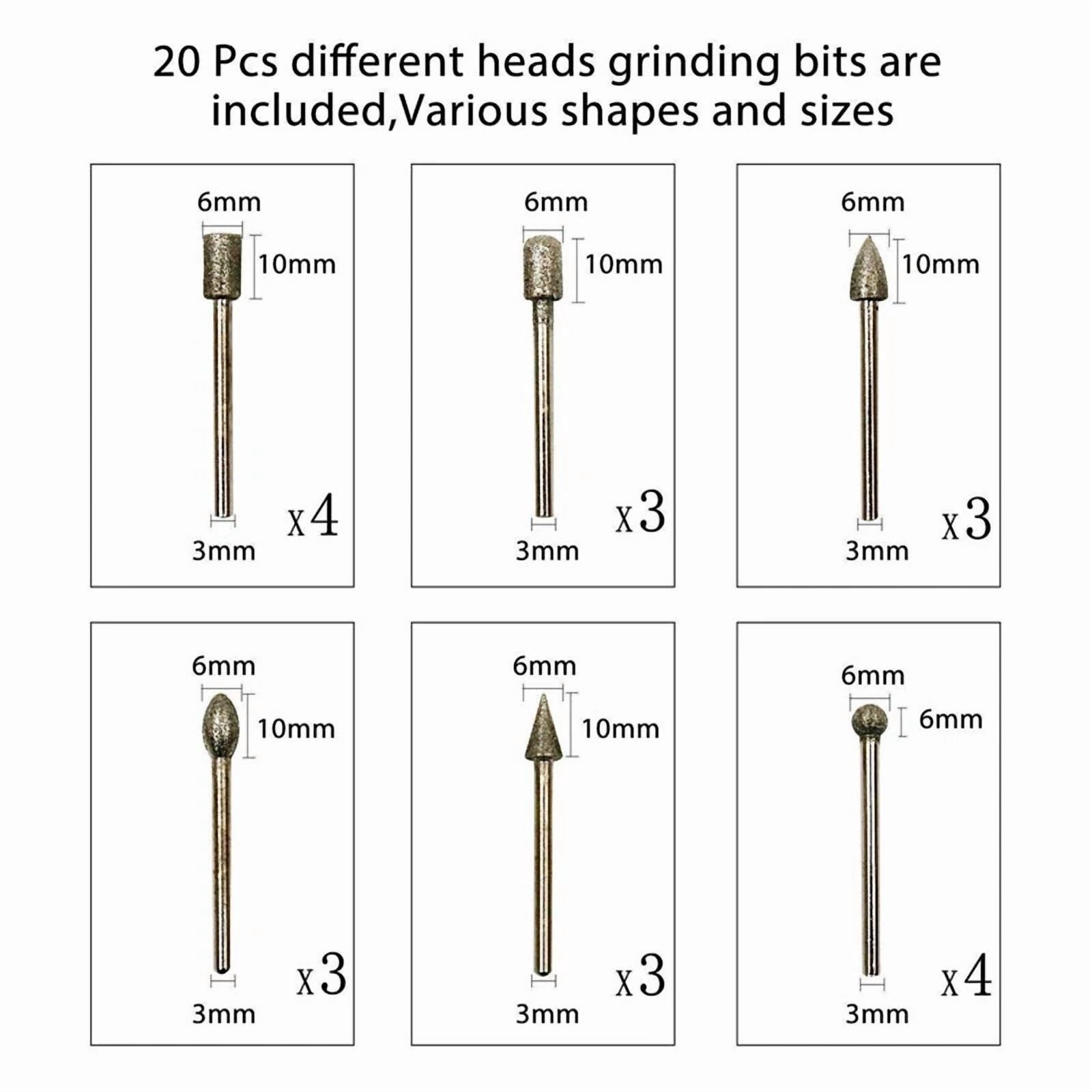 Rhea Diamond Burr Drill Bit Set for Rotary Tools (20 Pieces) 53vgc