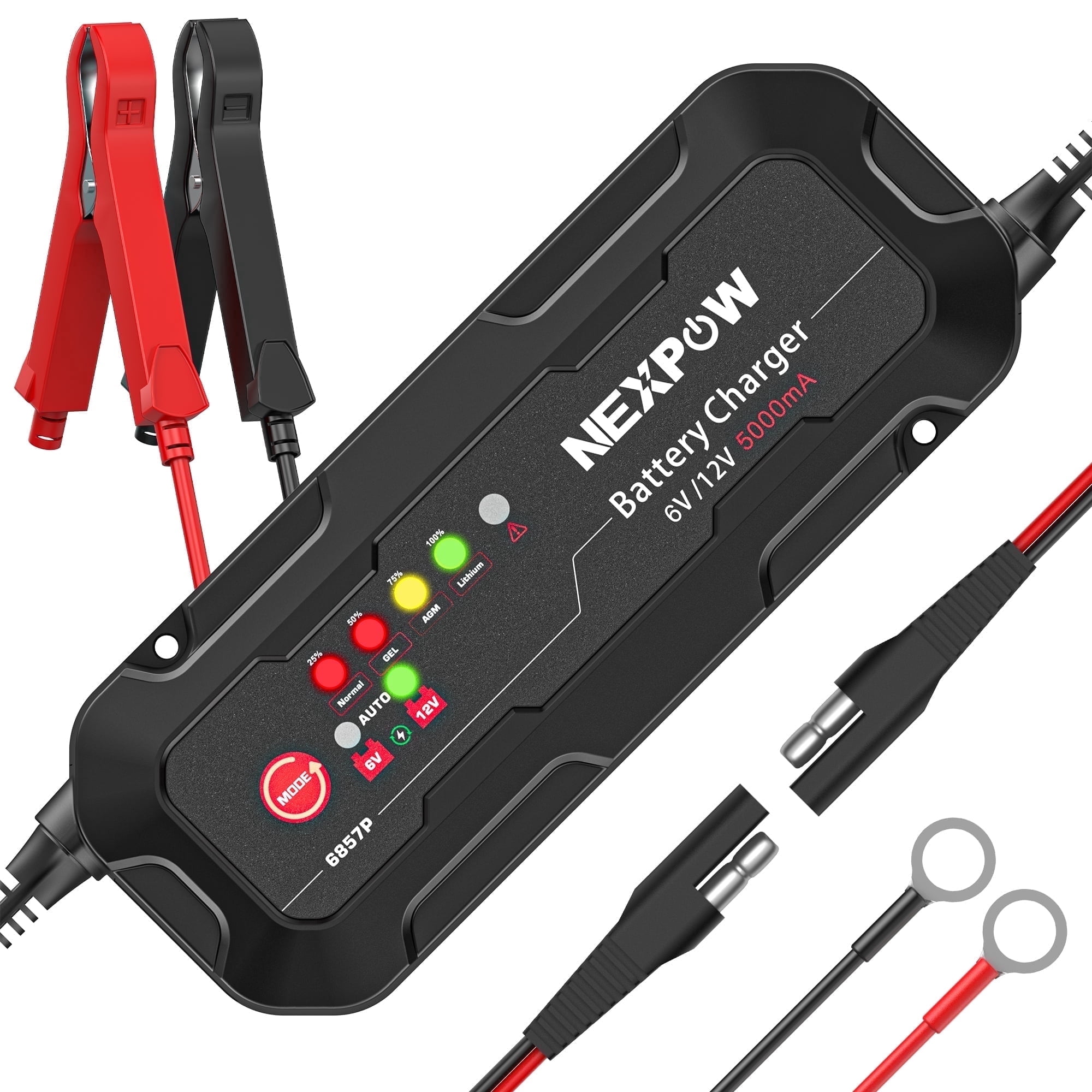 NEXPOW Smart Battery Charger and Maintainer, 5A 6V/12V Trickle Charger with Force Charge Mode (Black, 1 Pack) ypufv