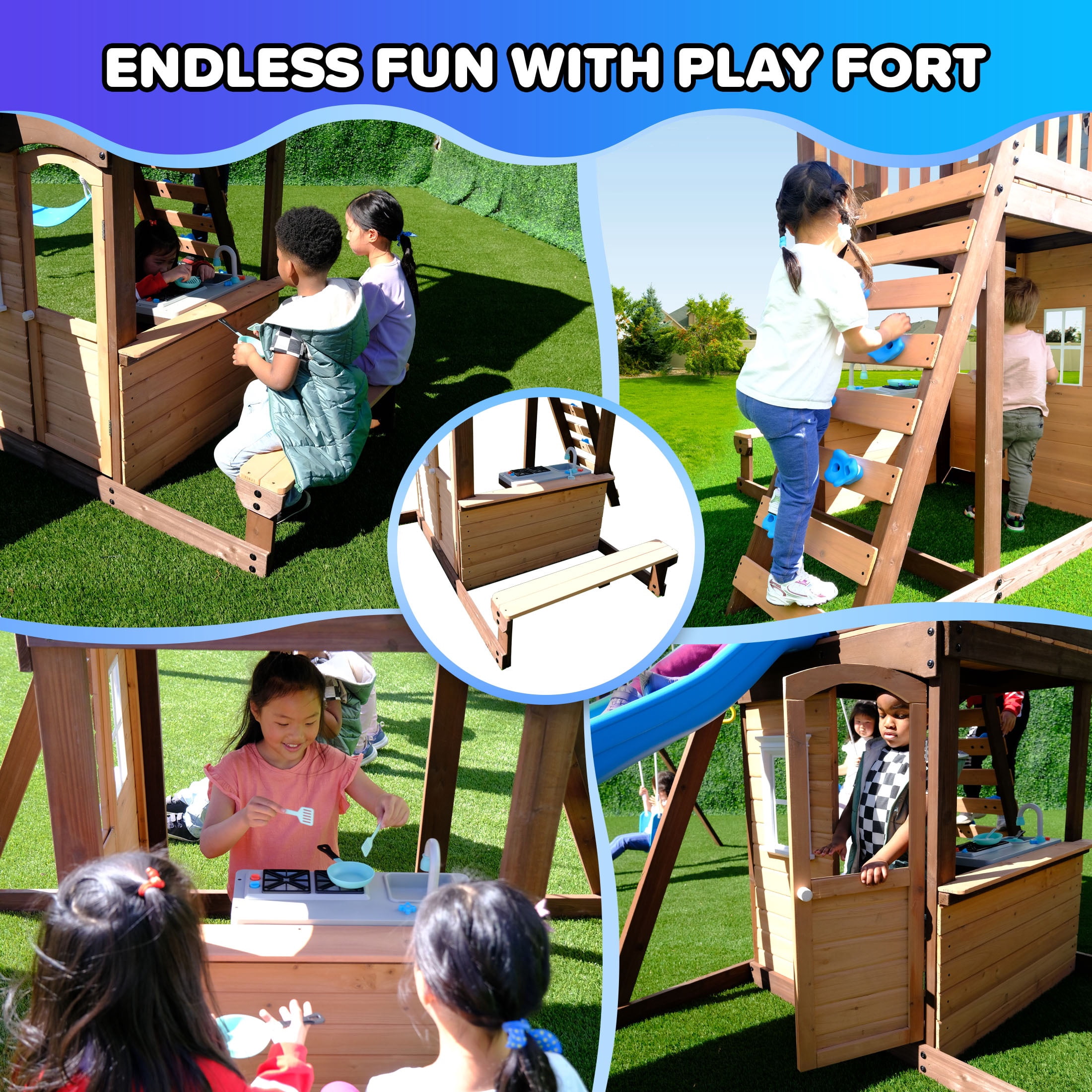 Sportspower Lakeview Wooden Swing Set with Slide, Trapeze, and Play Kitchen (Blue, 13 ft x 10.8 ft x 9.1 ft) eso97