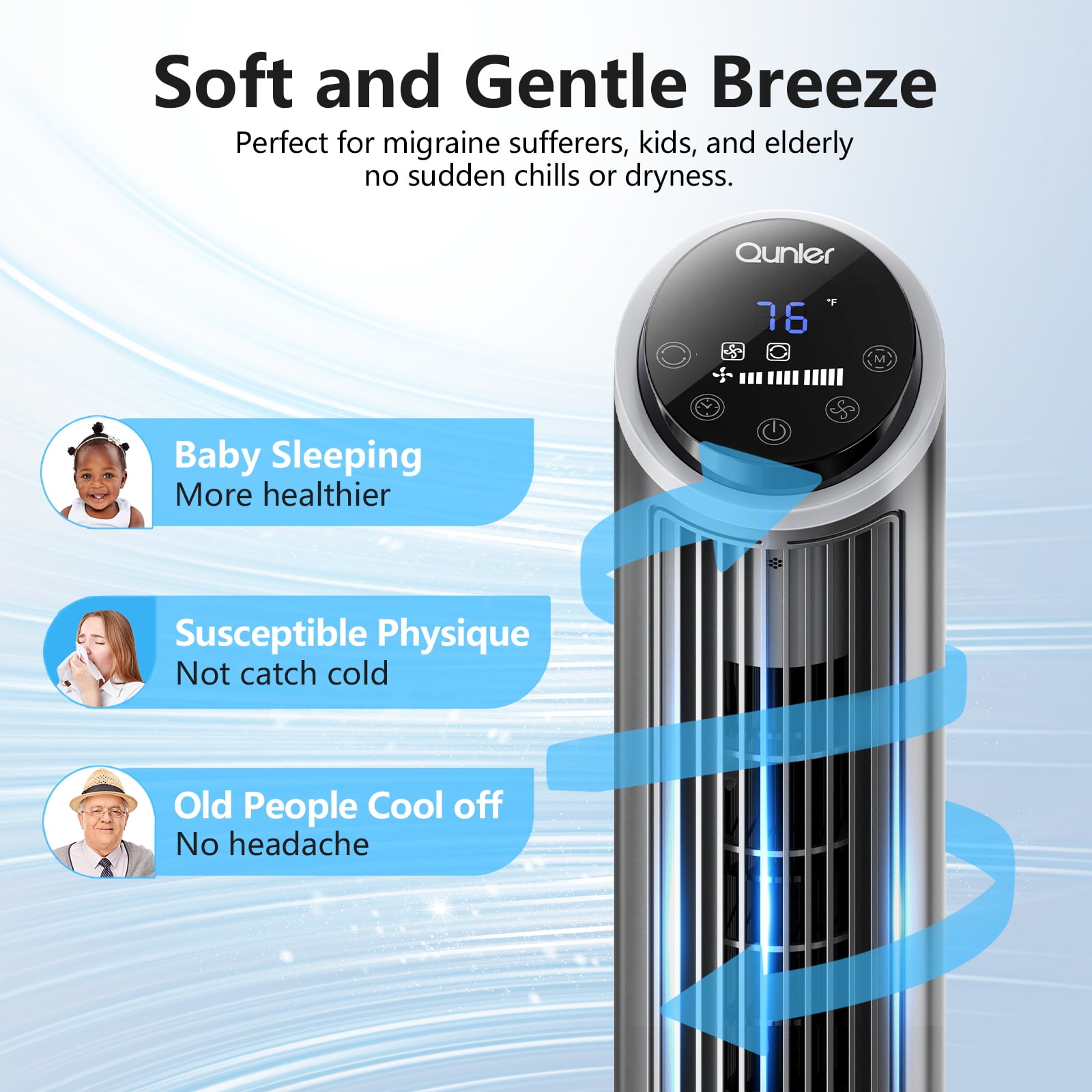 Qunler 40 in Oscillating Tower Fan with Remote Control, Ultra-Quiet Cooling Fan for Home and Office (Gray, 40 in) 6dgox