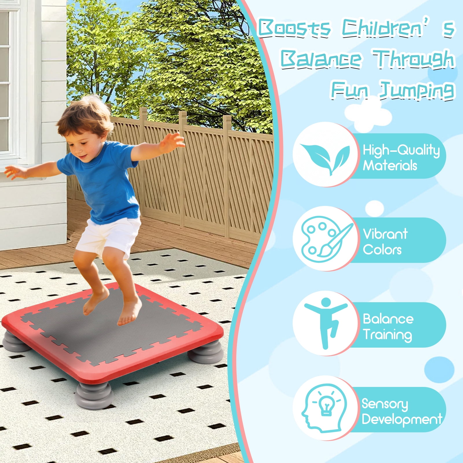 Wdmiya Kids Trampoline Bounce Board, Indoor Outdoor Sensory Balance Training Equipment (Red, 25 in) 5rehd