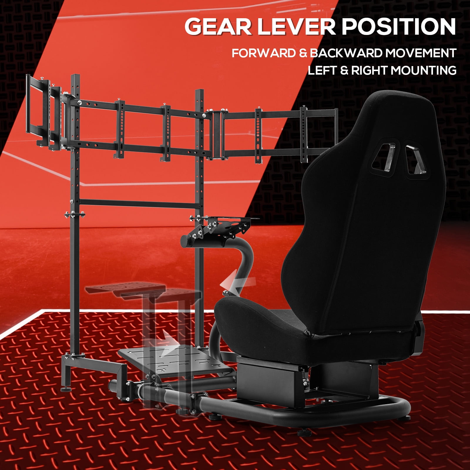 Supllueer Racing Simulator Cockpit with Triple Monitor Stand and Adjustable Seat (Black, 50 in x 24 in x 45 in) 5strn