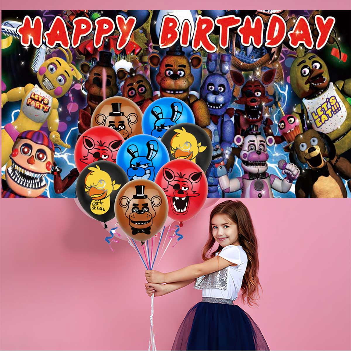 Jiaweribo Five Nights at Freddy's Birthday Party Supplies Set with Backdrop and Tableware (Multi-color, 1 Set) u0u91