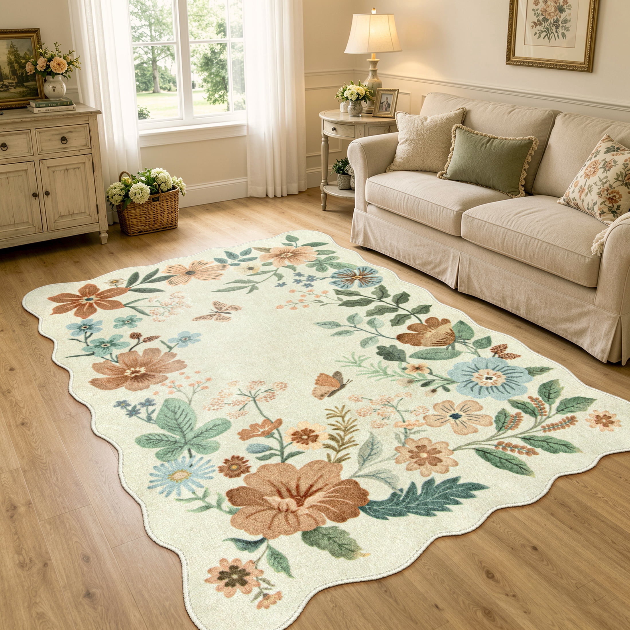 Moynesa Floral Area Rug, Non-Slip Washable Boho Rug for Living Room and Bedroom (Beige, 5 ft x 7 ft) ekrfw