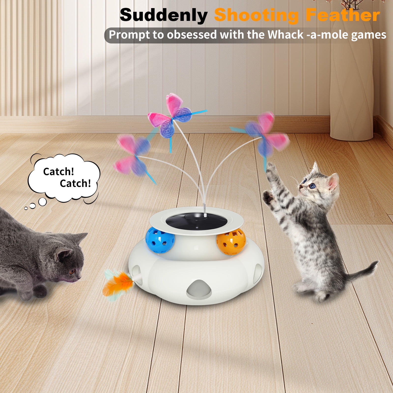 UniMaxLink Electric Interactive Cat Toy, Automatic Rotating Butterfly Feather Wand with USB Rechargeable Battery (White) mp0r1