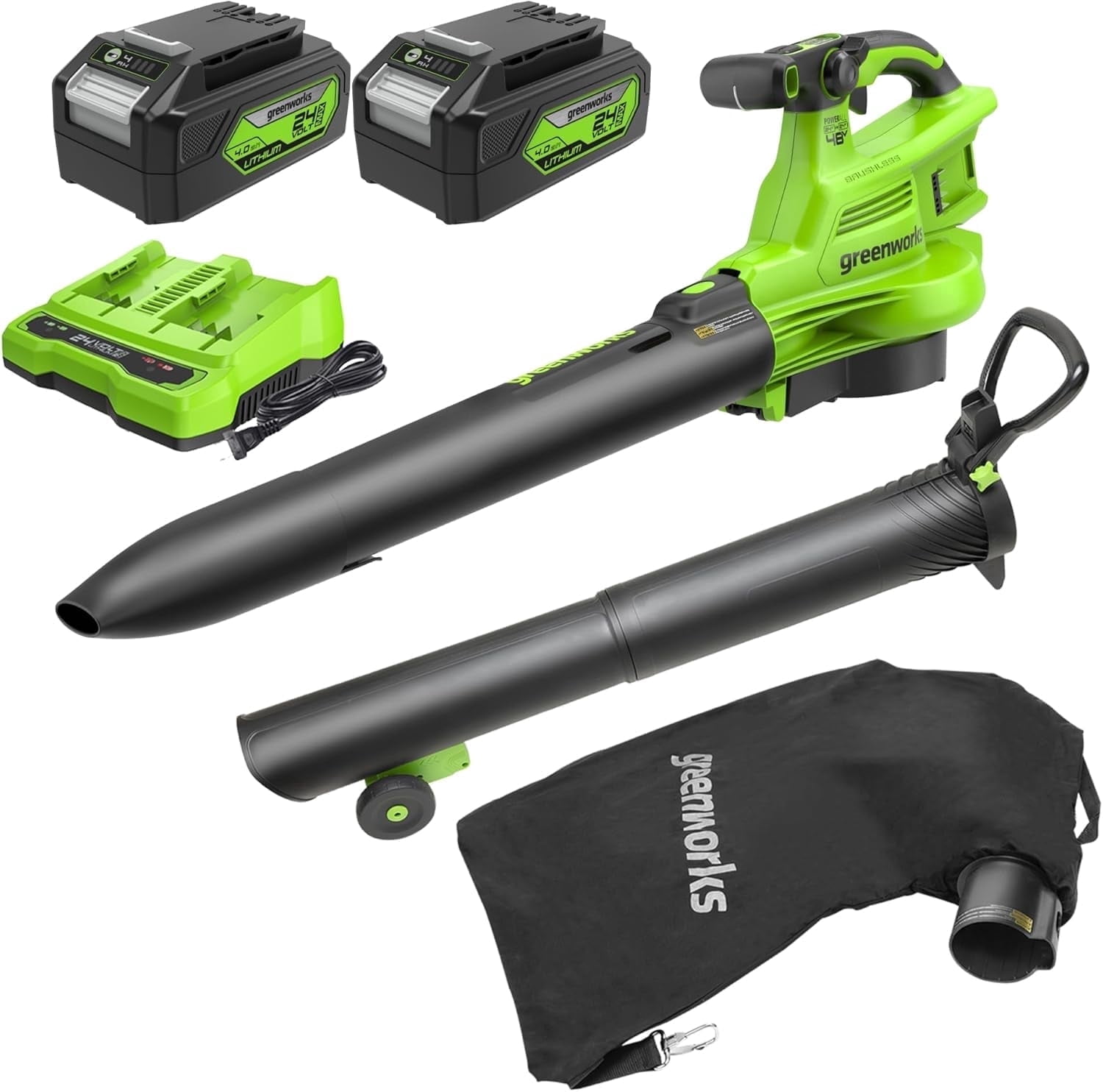 Greenworks 48V Brushless Leaf Blower and Vacuum Kit with (2) 4.0Ah Batteries and Dual Port Charger 8e49s