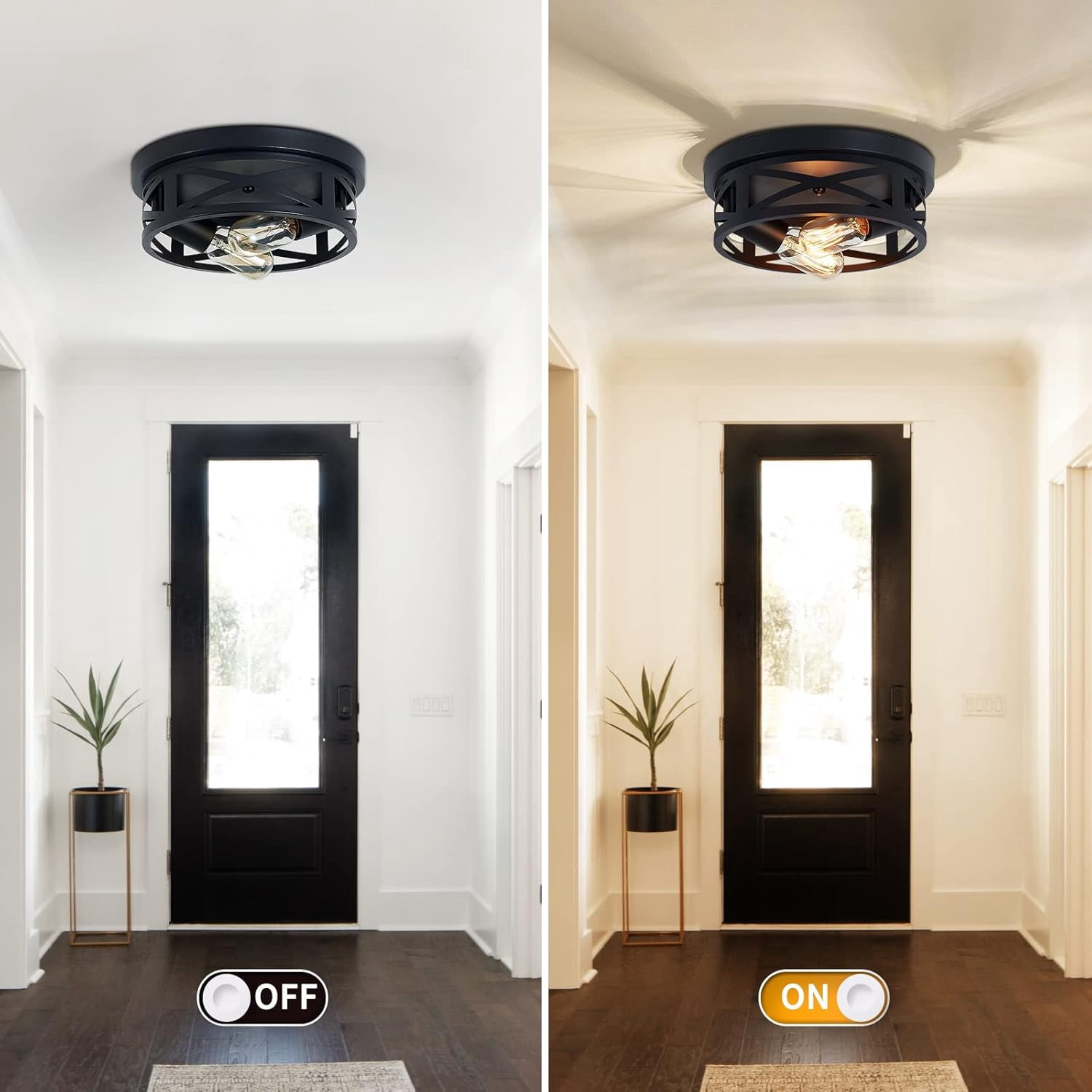RAINBEAN Industrial Flush Mount Ceiling Light, Farmhouse Metal Cage Light Fixture for Kitchen and Hallway (Black, 2 Pack) hwg3u