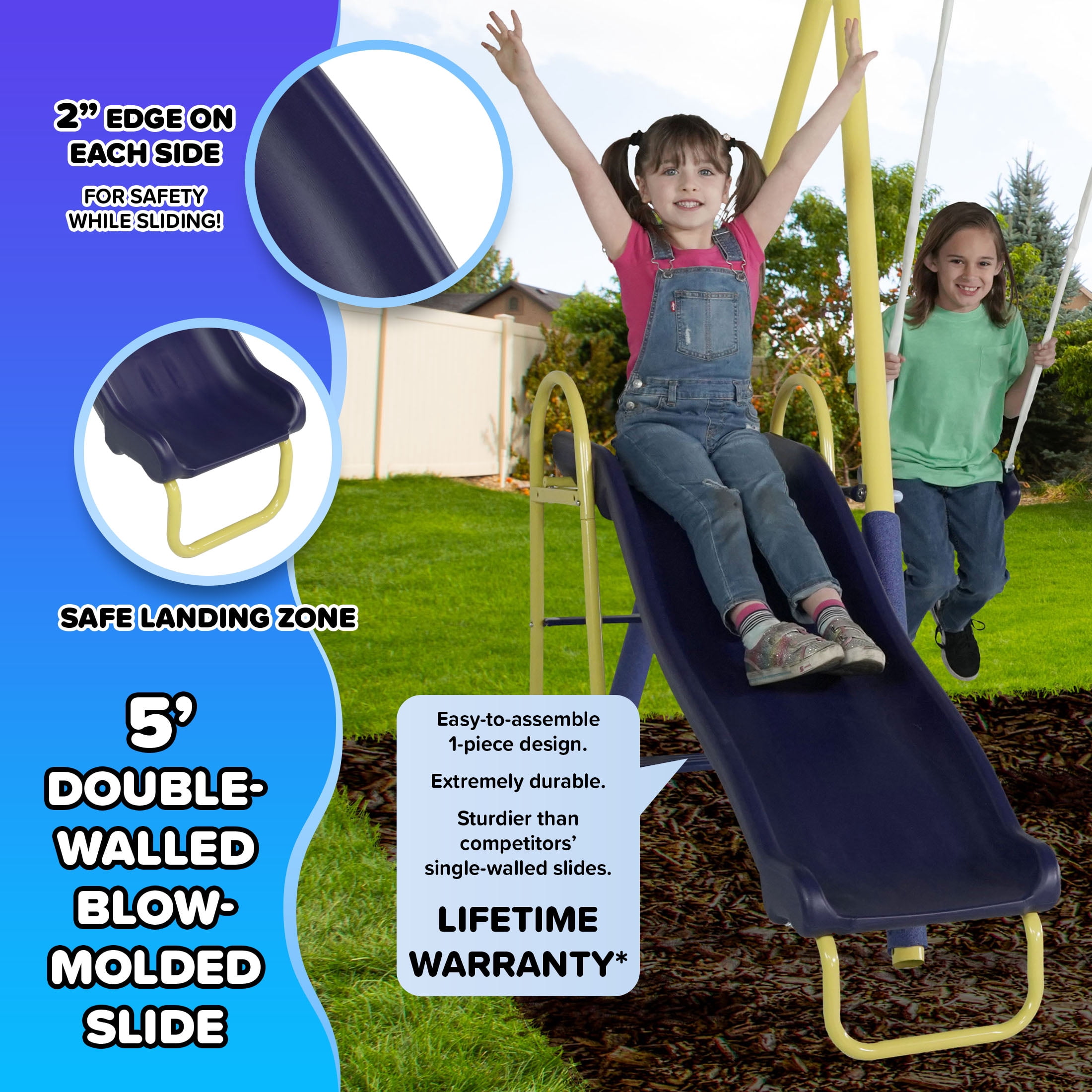 Sportspower Palmview Metal Swing Set with Teeter-Totter, Standing Swing, and 5 ft Slide (Blue) a4h6a