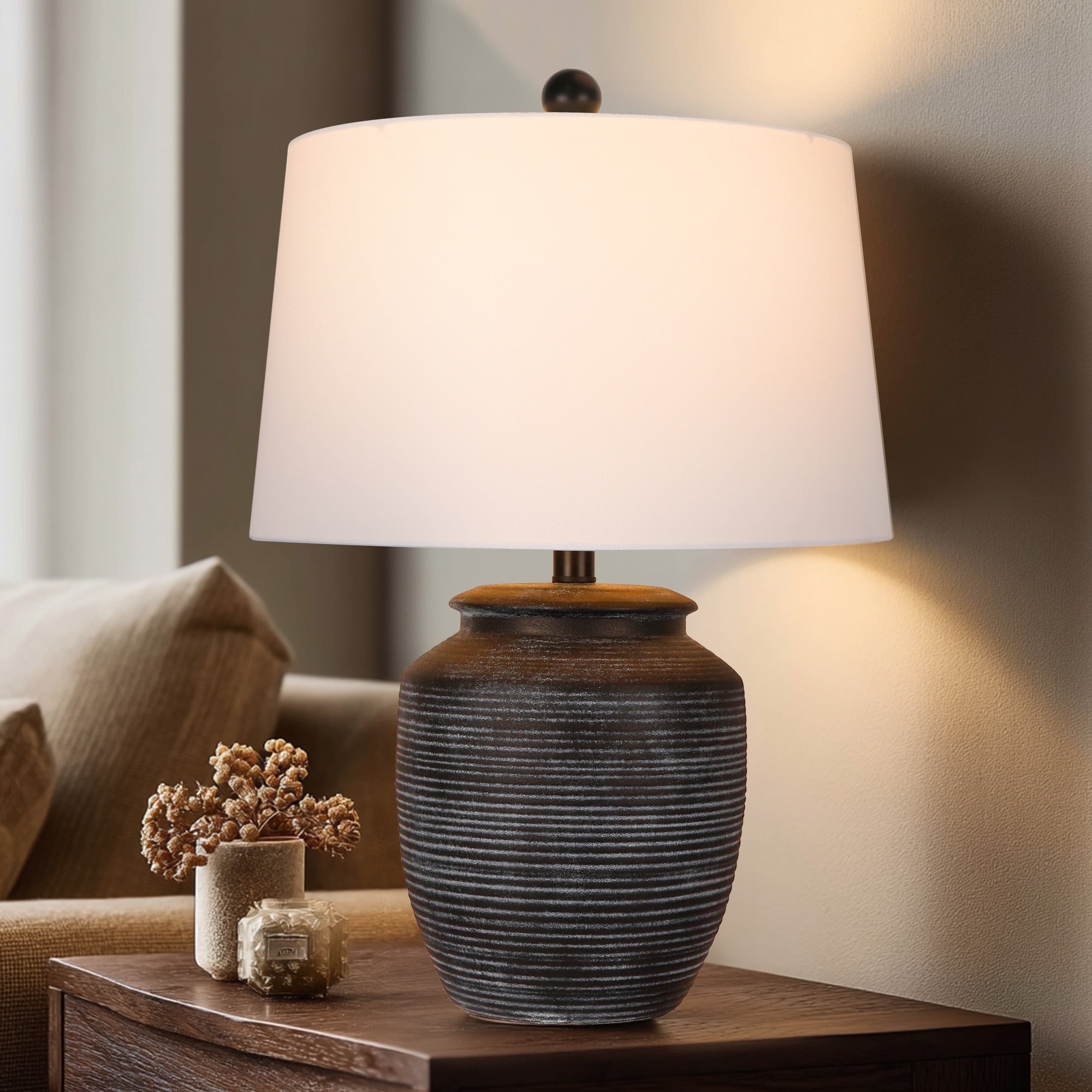 SparkGlowy Rustic Ceramic Pot Table Lamp for Bedroom and Living Room (Black, 28 in) vwn43