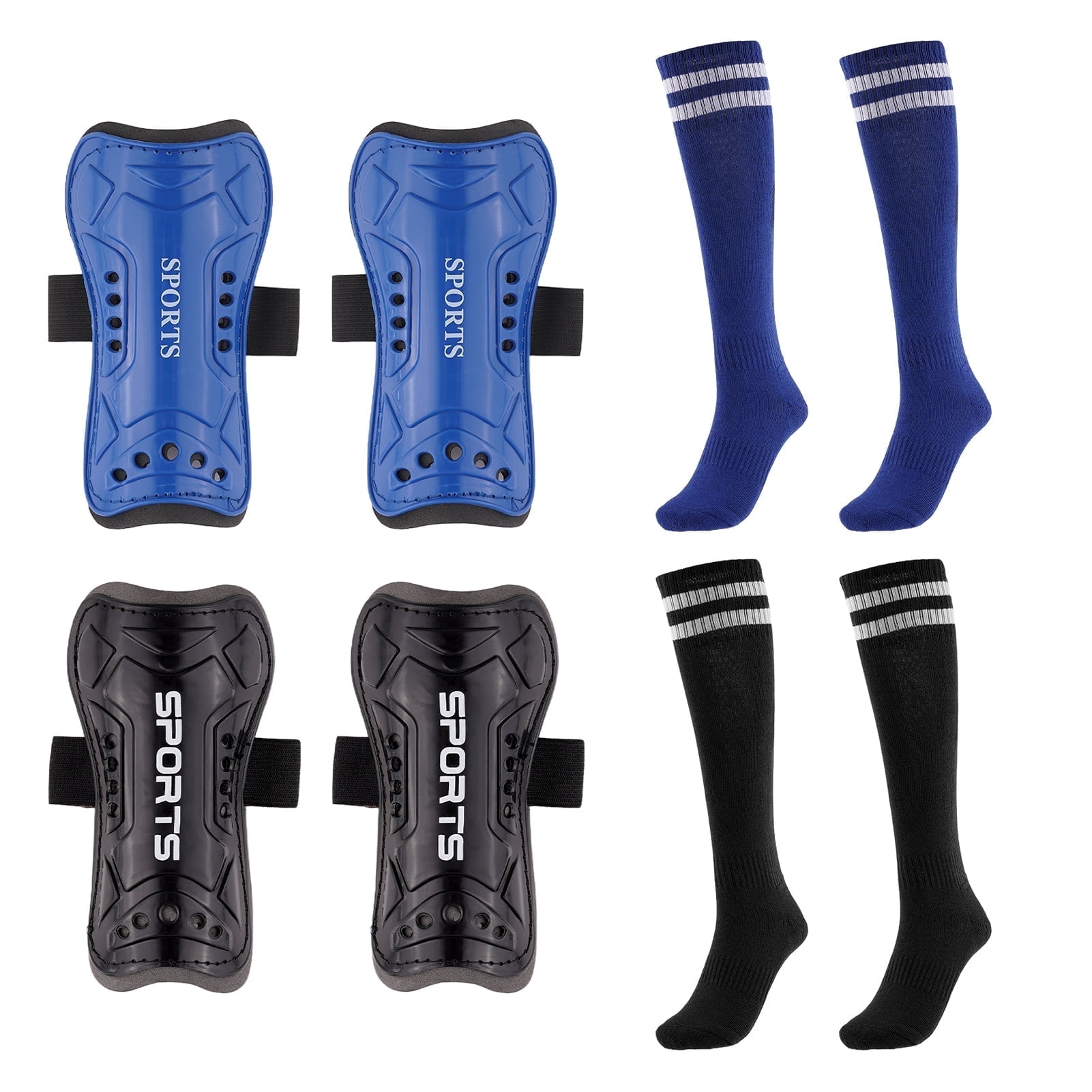 Buquapse Kids Soccer Shin Guards Set with Long Socks, Protective Gear for Youth (Black + Blue, 2 Pairs) iqmxh