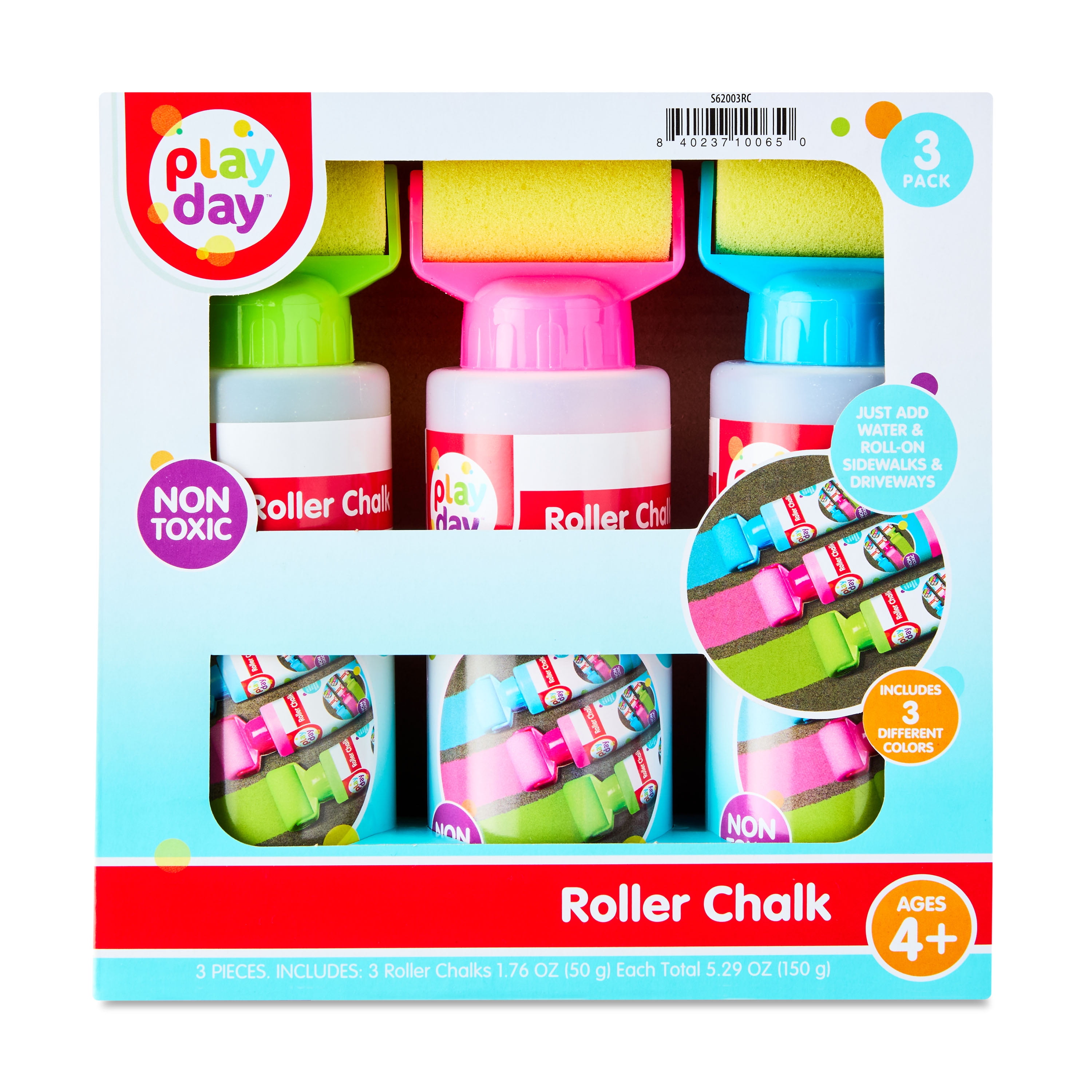 Play Day Roller Chalk Set, Outdoor Sidewalk Drawing Activity (Green, Pink, Blue, 3 Count) pw77i