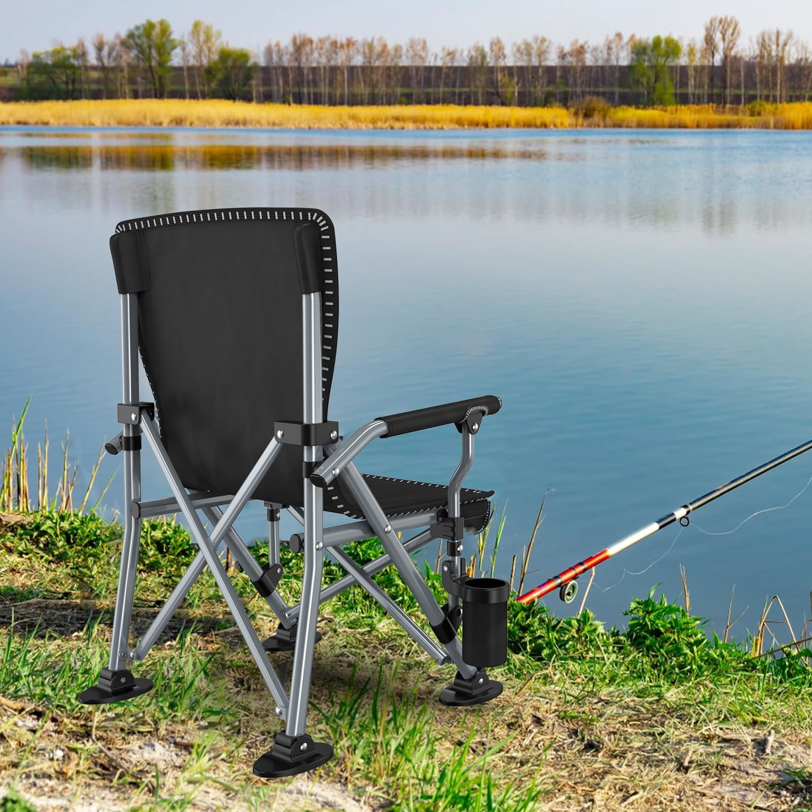LNOW Folding Camping Chair with Cup Holder and Side Pocket, Heavy-Duty Portable Outdoor Seat for Beach, Sports, and Fishing (Black, 350 lb Capacity) hrus6