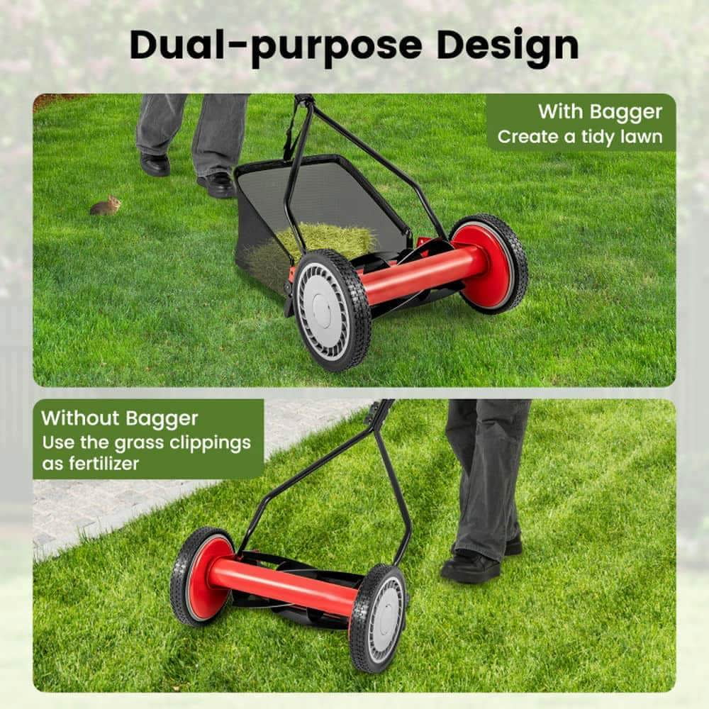 Yardi Yarda 14 Inch Push Lawn Mower with 5 Steel Blades and Grass Catcher Bag (Red, 14 in) ccr71