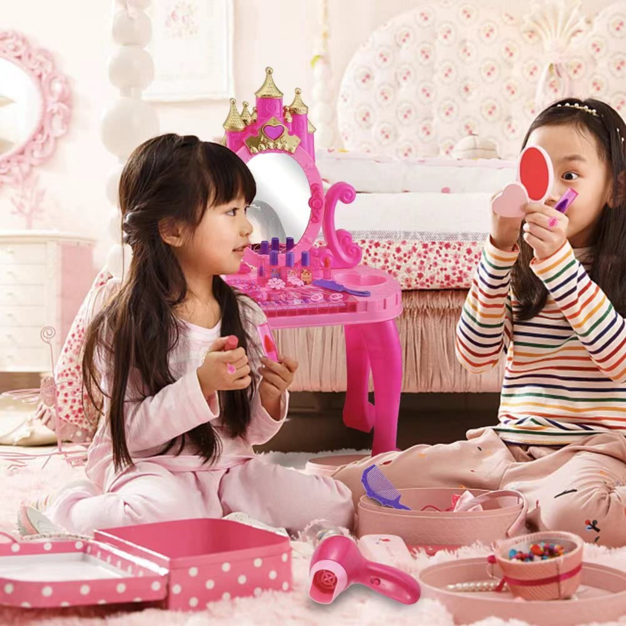 Jugaad Life Toddler Vanity Makeup Table Set with Adjustable Mirror and Chair (Pink, 1 Set) fl3k3