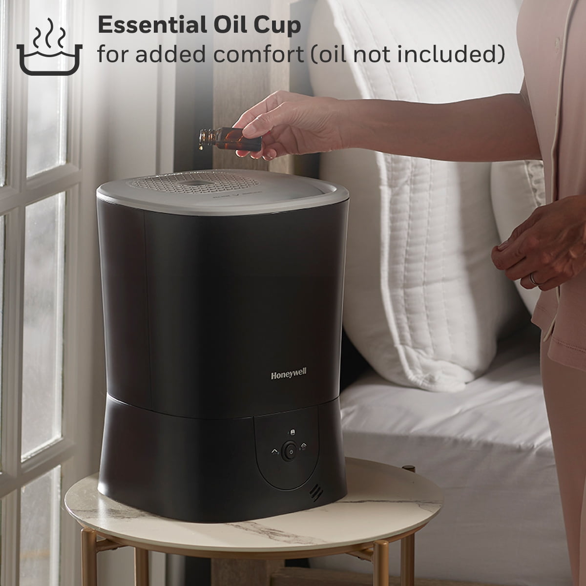 Honeywell Warm Mist Humidifier with Essential Oil Cup, Filter-Free Design for Home Air Quality (Black, 1.5 gal) 5w482
