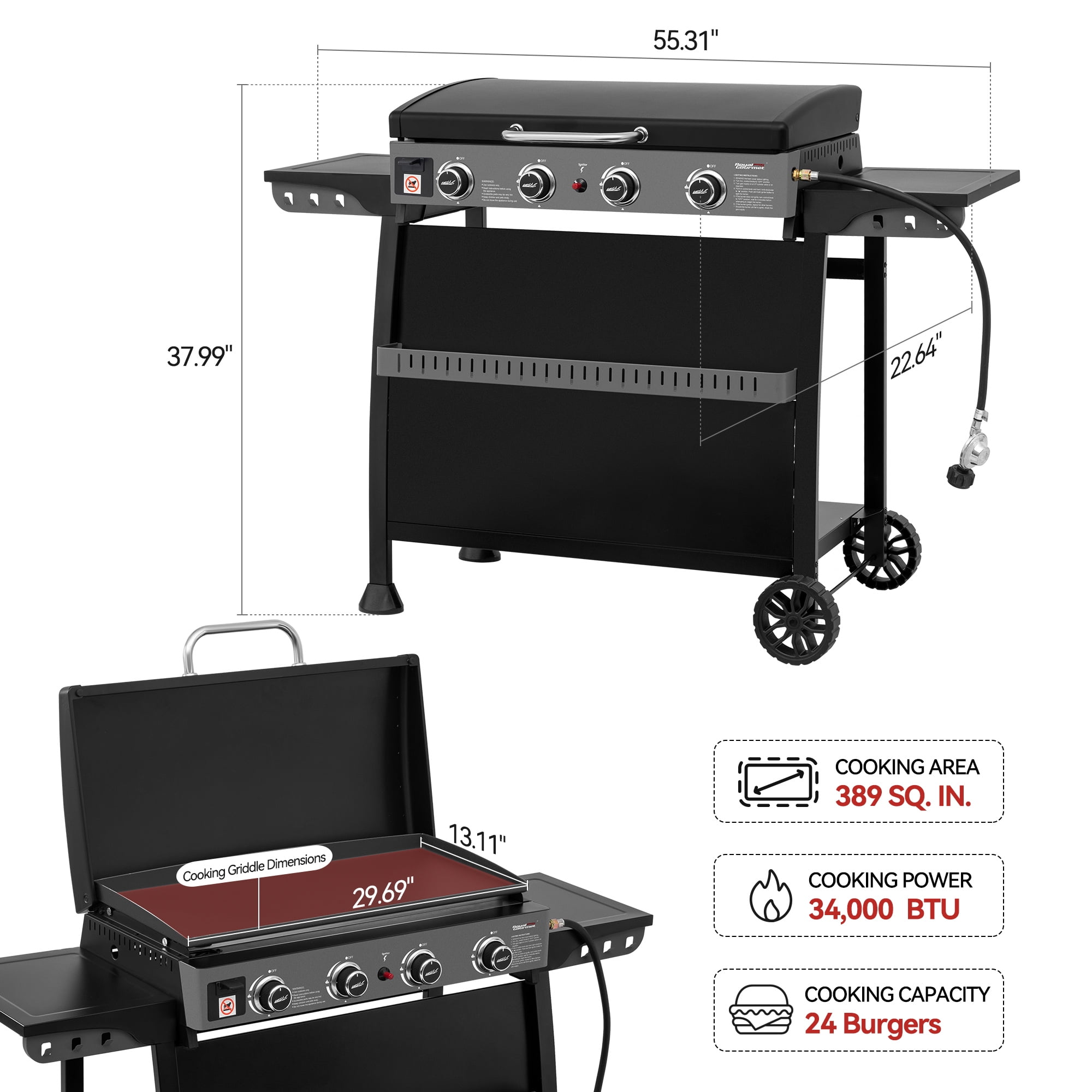 Royal Gourmet PD4001 30-Inch 4-Burner Gas Griddle with Hood and Removable Cart (Black, 389 sq. in.) mubu0