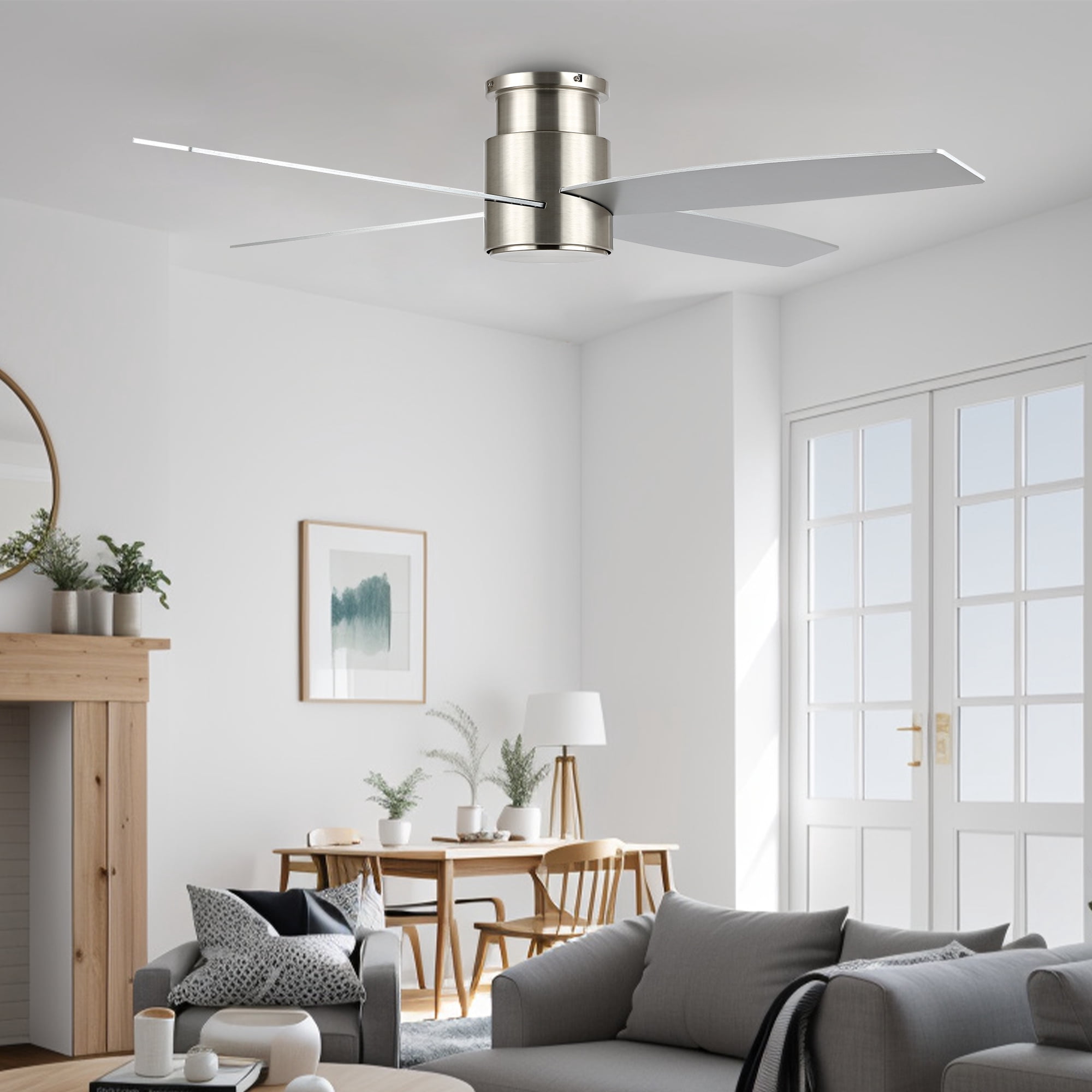 LEDET 52 in. Reversible Blade Ceiling Fan with Remote Control (Nickel and White, 52 in.) u7mwj