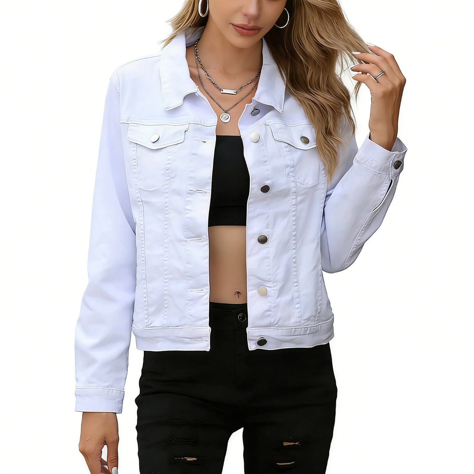 ClodeEU Women's Cropped Denim Jacket, Casual Button Down Jean Coat, Long Sleeve Outerwear (White, M) jad6x