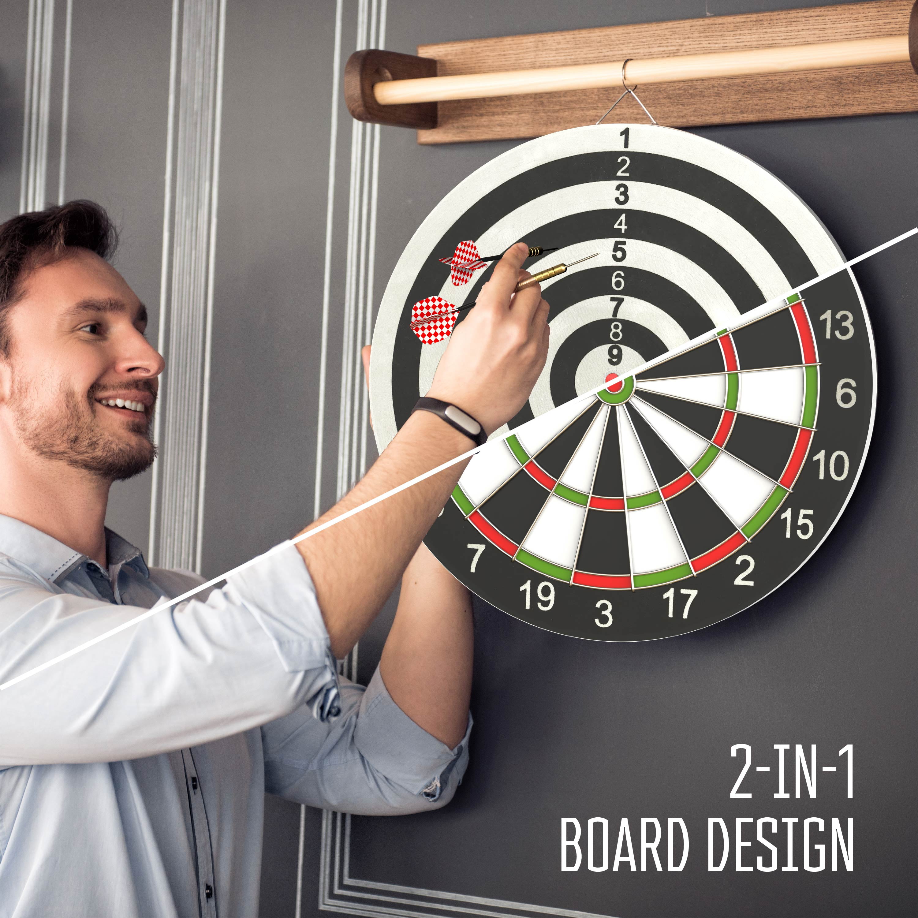 RealPlay Reversible Hanging Dartboard Set with 6 Stainless Steel Tip Darts (Black, 17 in) 27qzv