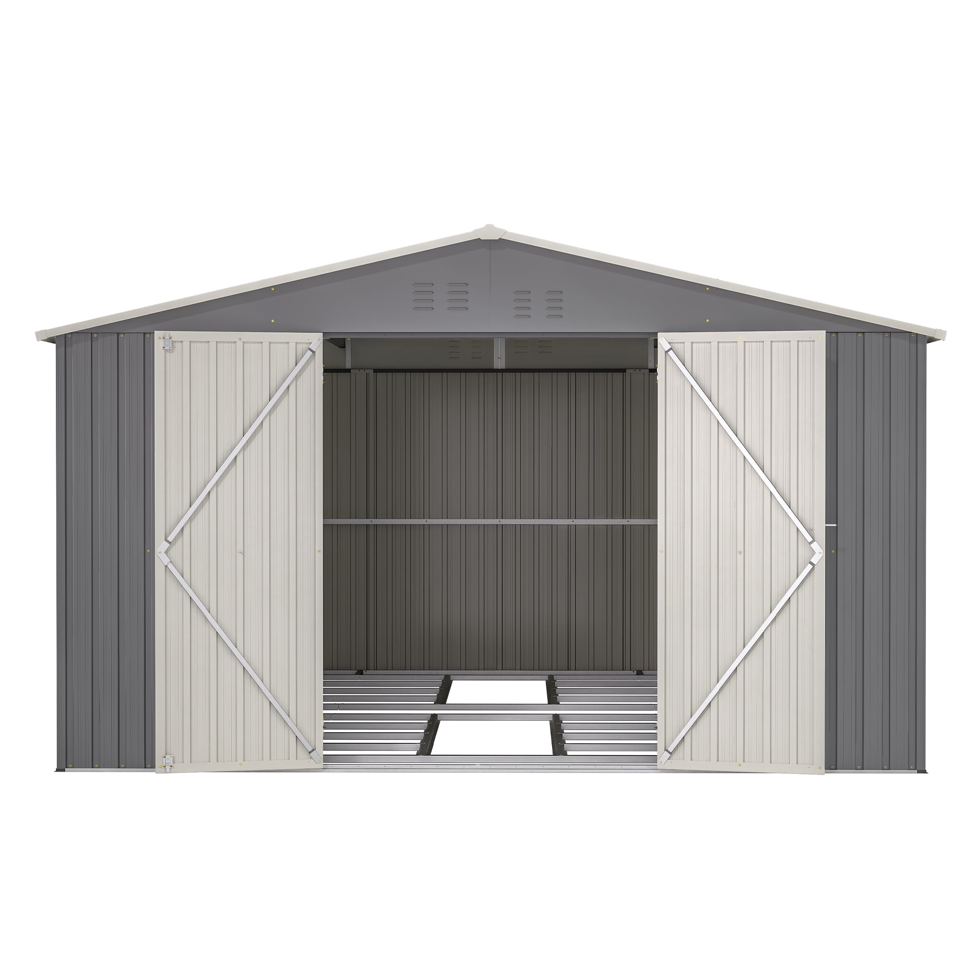 LZBEITEM Outdoor Storage Metal Shed, Galvanized Steel Garden Tool House with Floor Frame Kit and Lockable Doors (Gray, 11 x 13 ft) rda6a