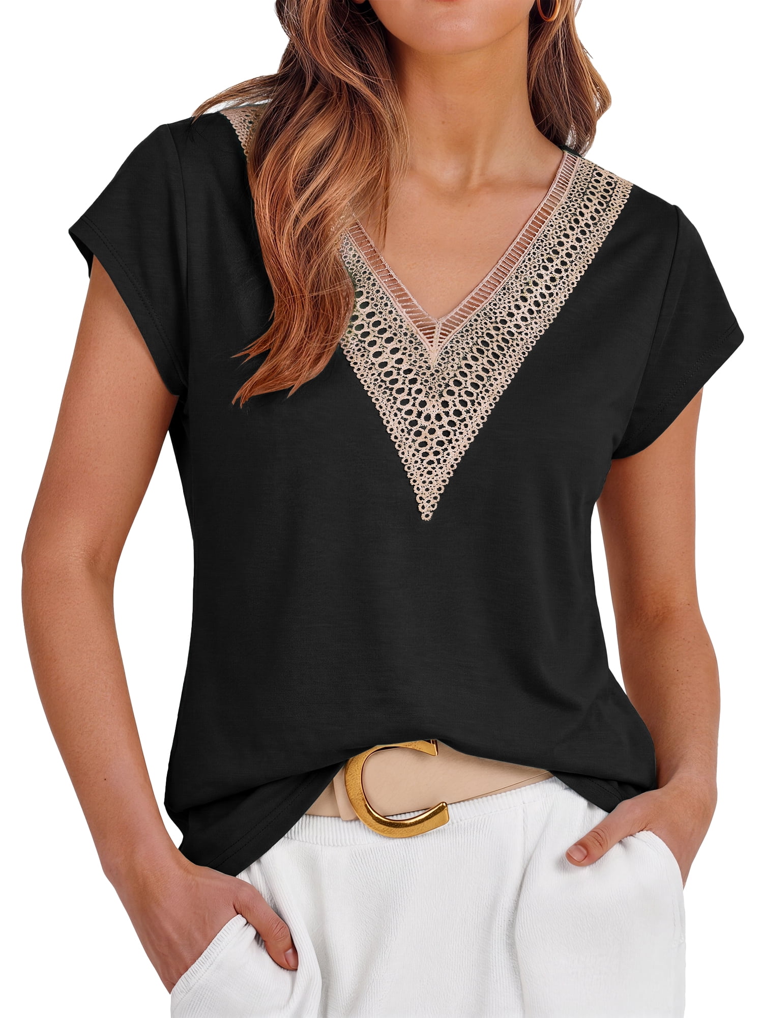 Fantaslook Womens Lace Blouse V Neck Cap Sleeve Casual Summer Top (Black, L) w2qfk